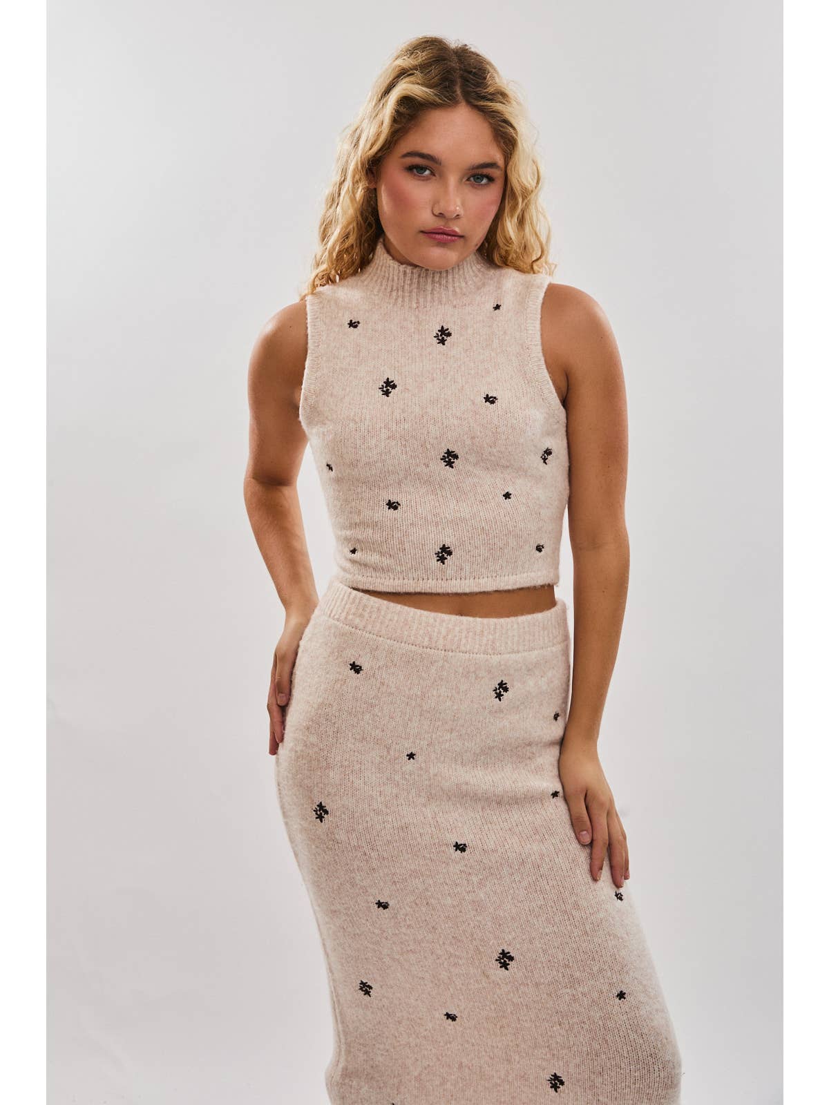 Mock Neck Sweater Embroidered Set