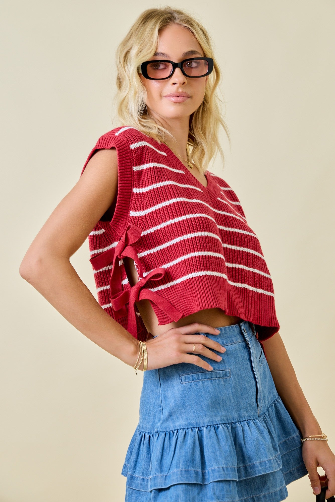 Stripe Double Side Ties Sweater Vest Top