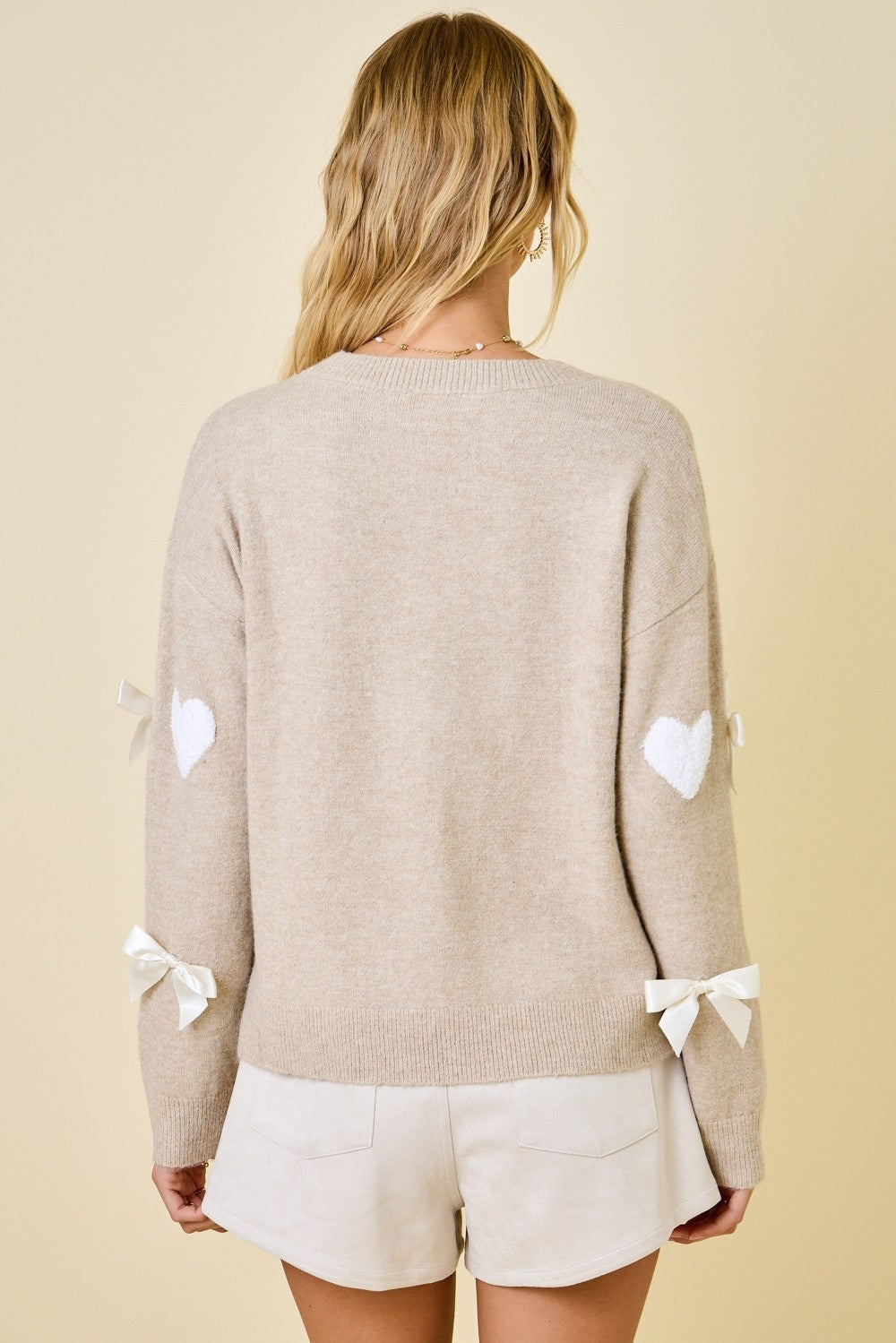 Beige Bow & Heart Sweater
