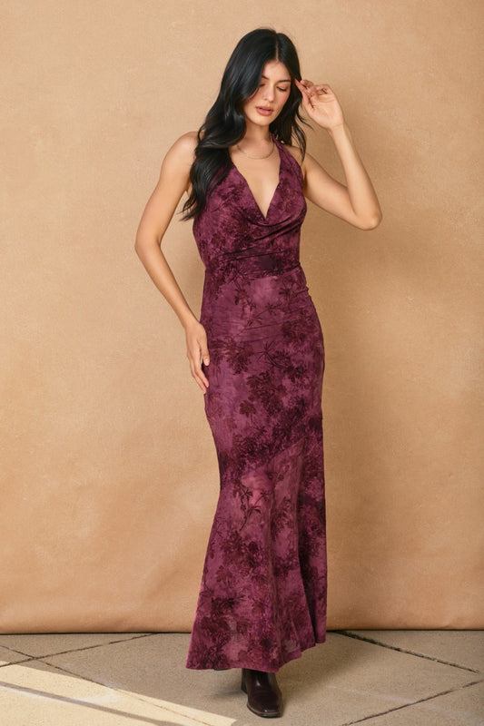 Velvet Halter Drape Maxi Dress