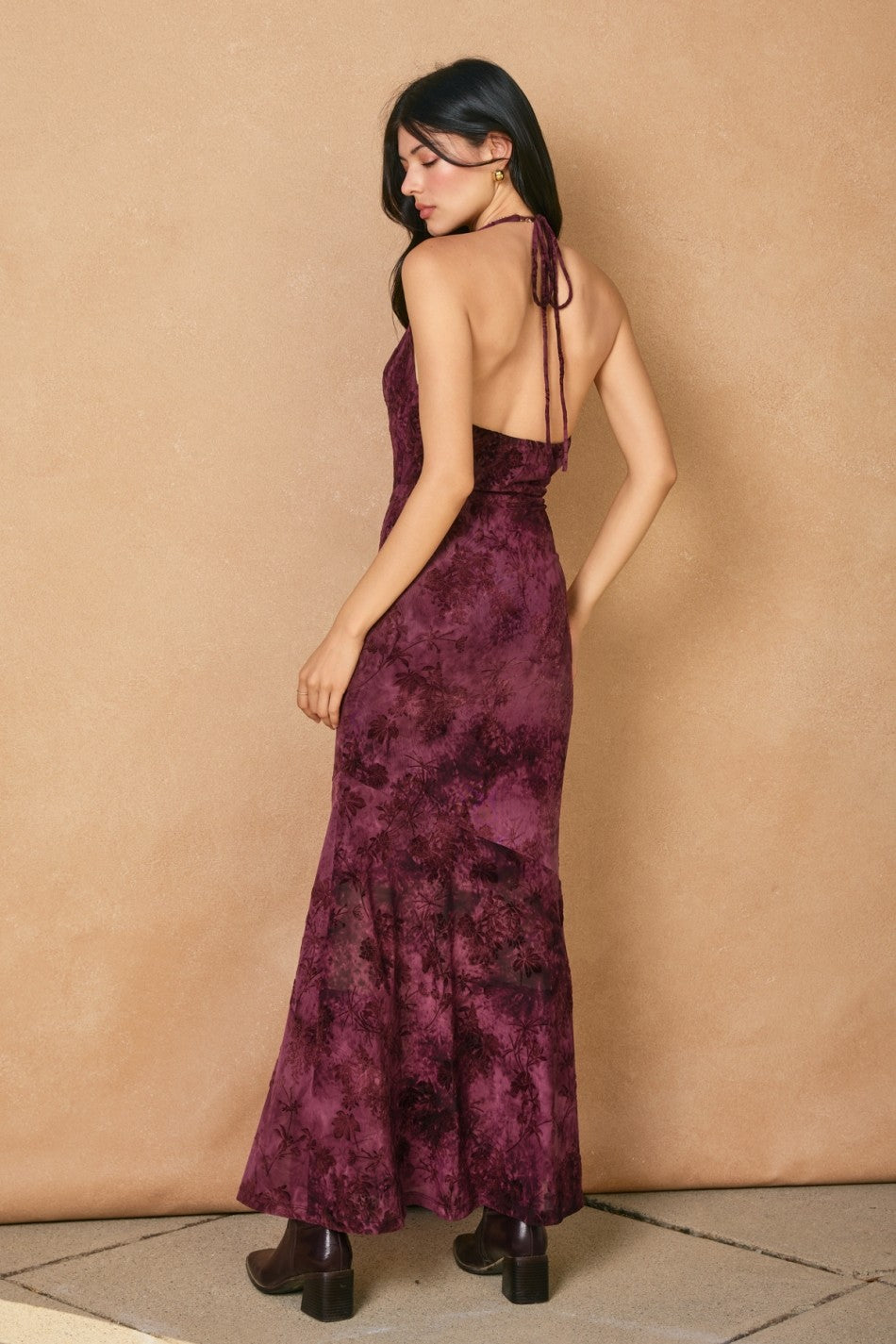 Velvet Halter Drape Maxi Dress