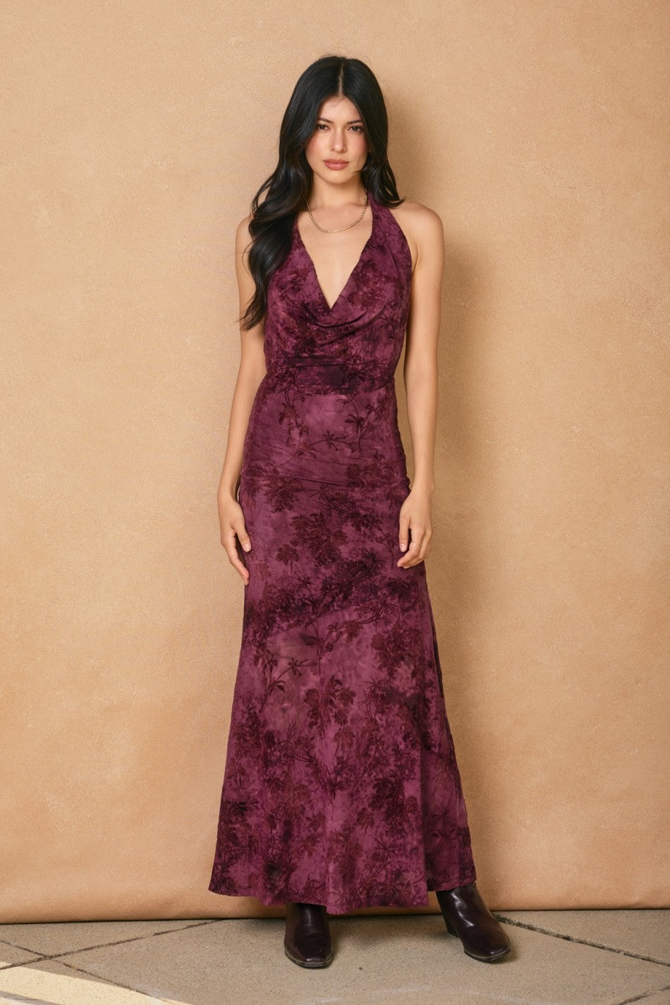 Velvet Halter Drape Maxi Dress