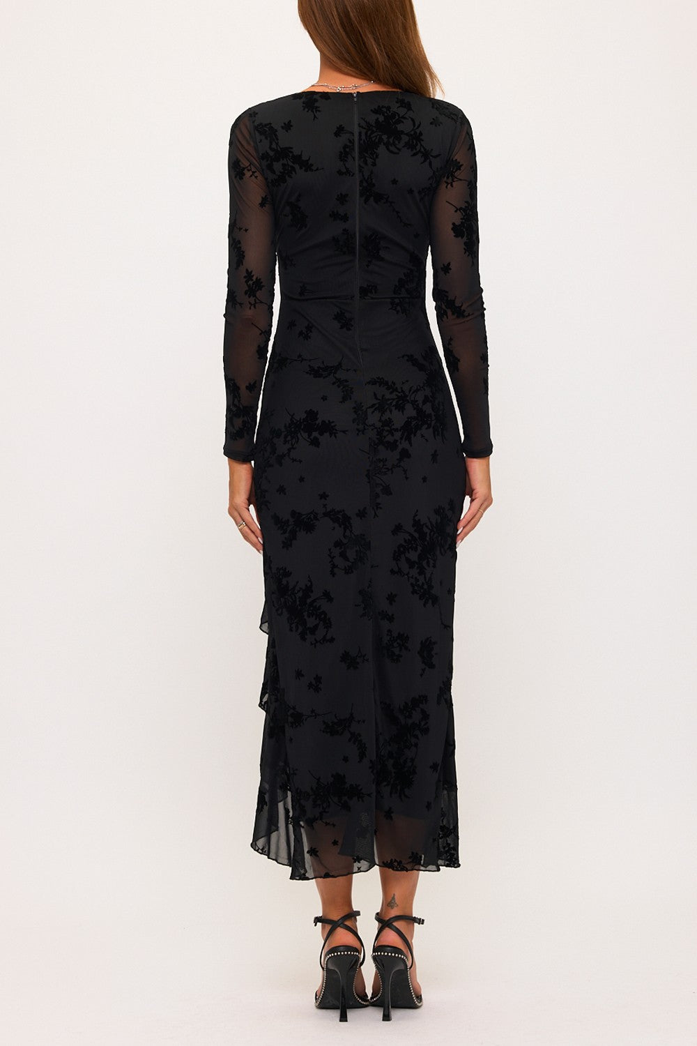 Black Mesh Sleeve Floral Dress