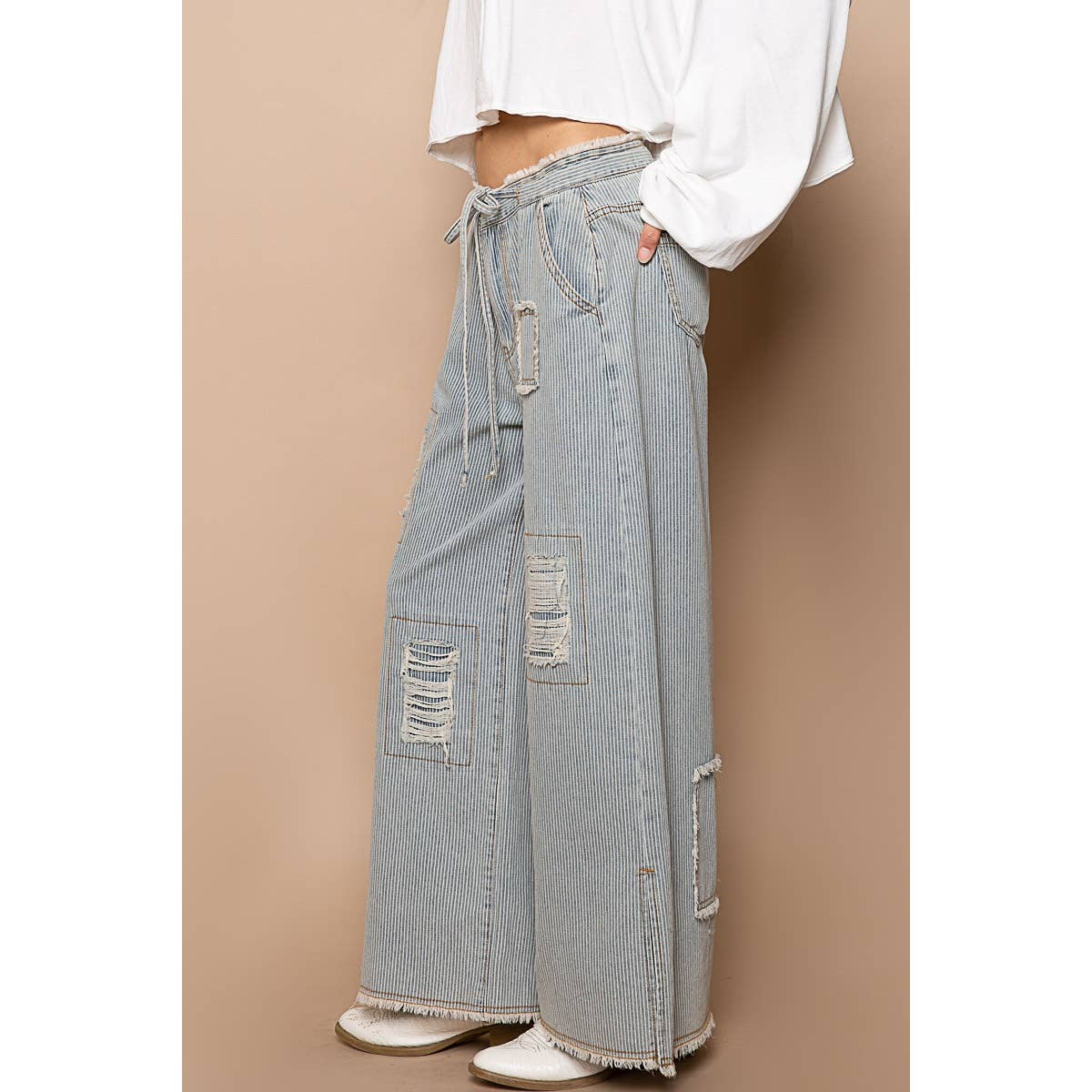 Distressed Stripe Wide Pants