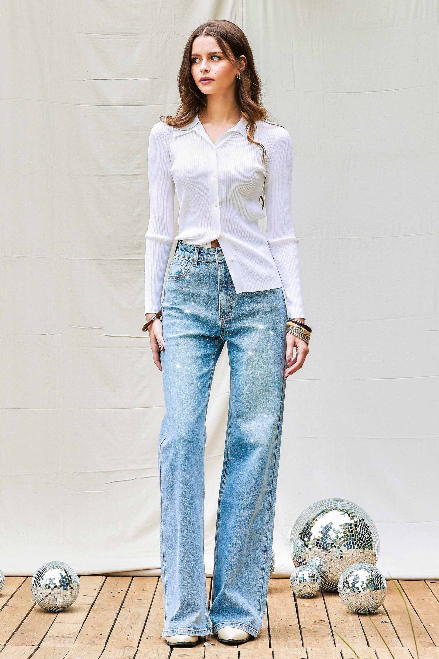 Rhinestone Wide Leg Denim