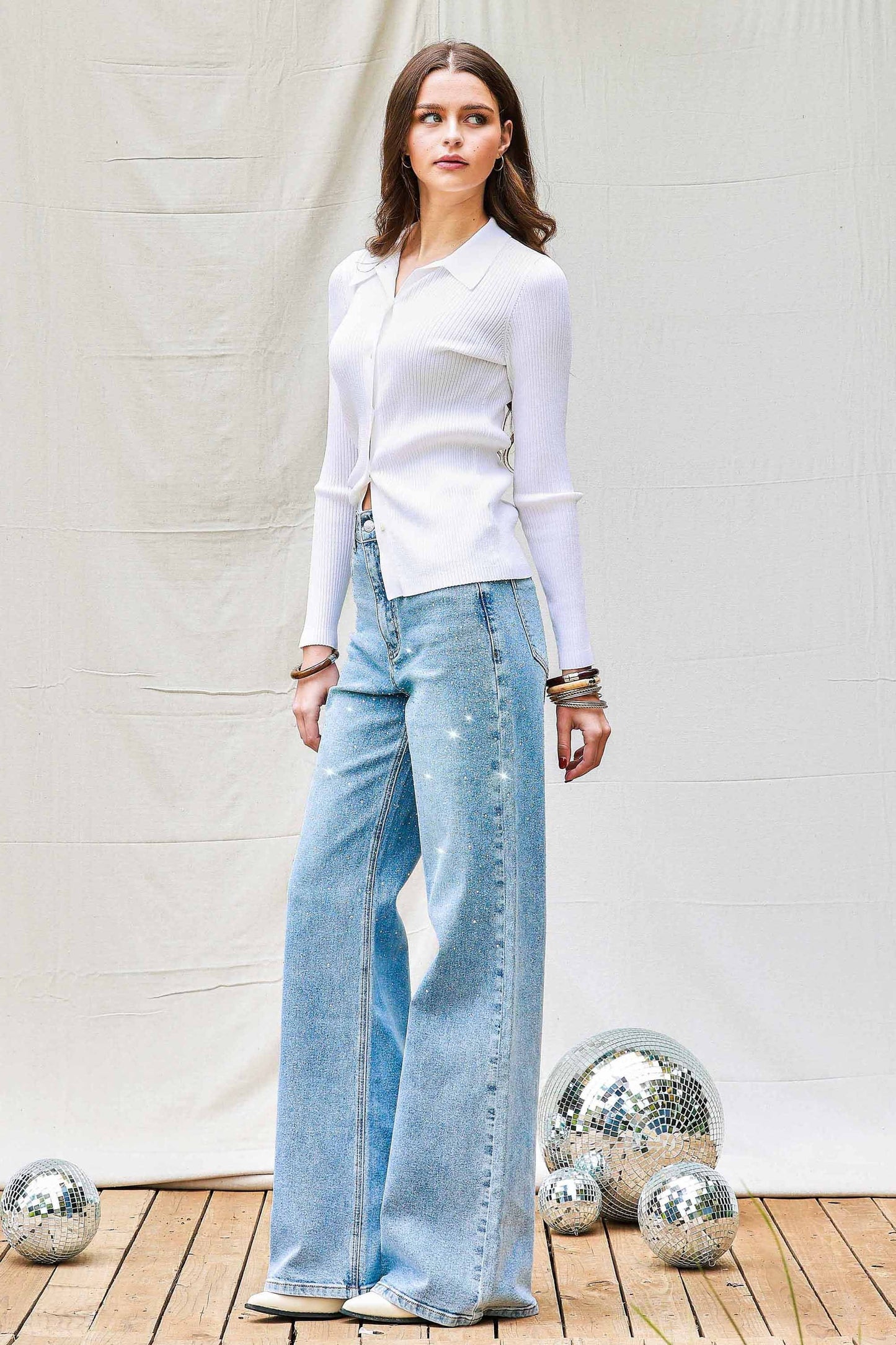 Rhinestone Wide Leg Denim