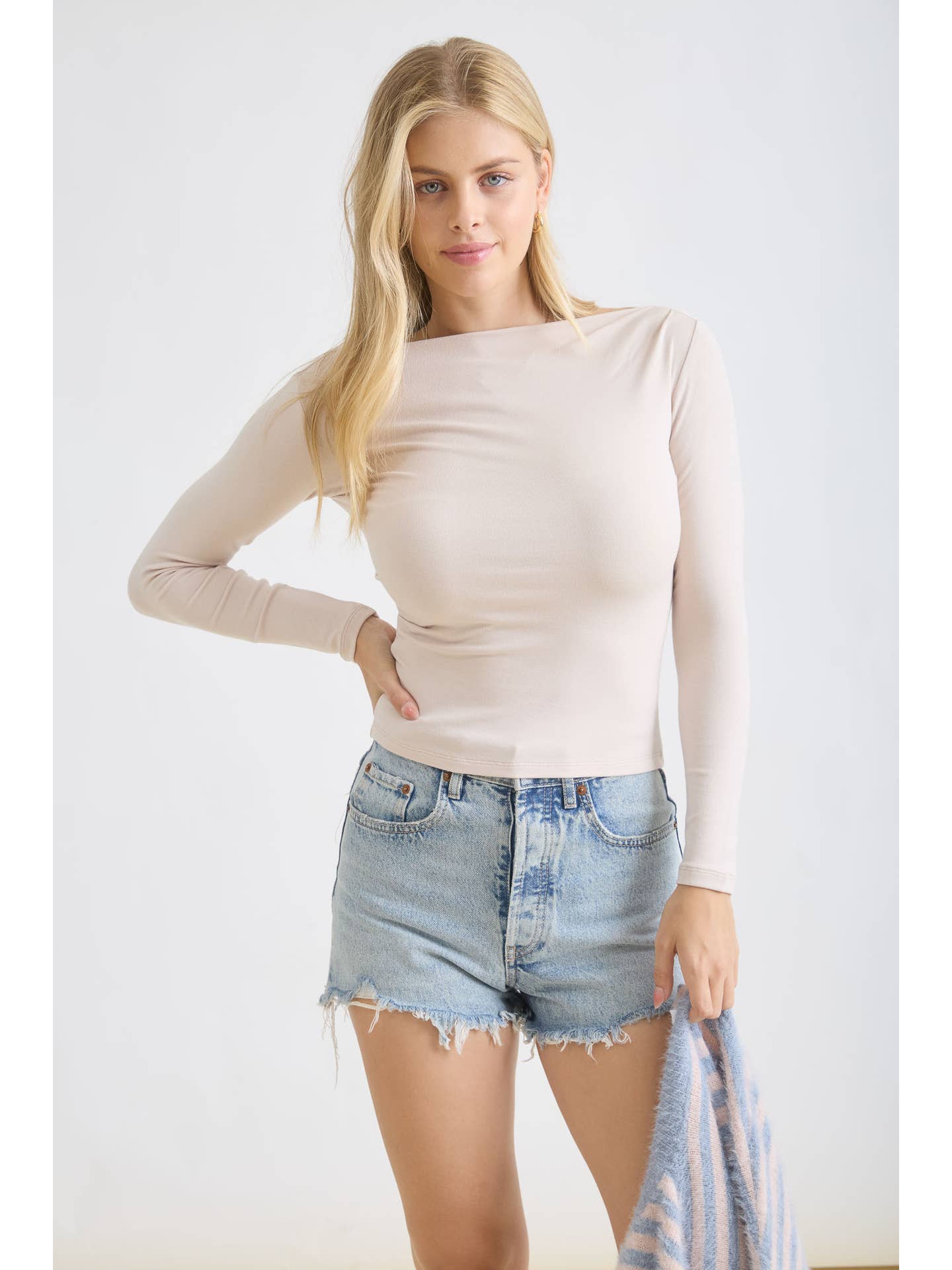 Boatneck Pintuck Long Sleeve Top