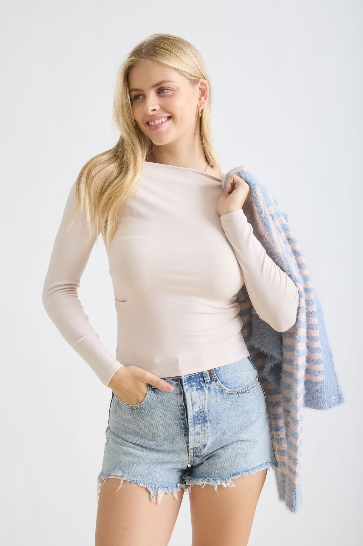 Boatneck Pintuck Long Sleeve Top