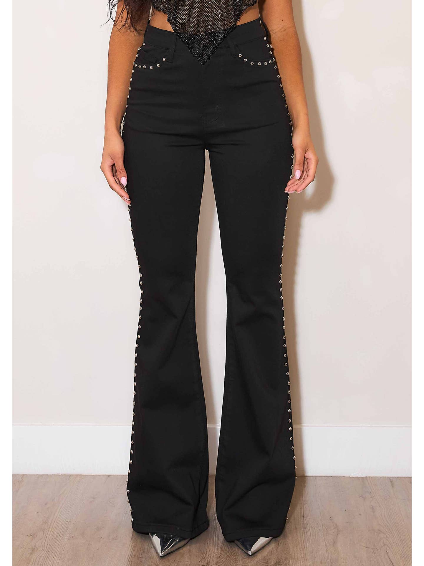 Black Flare Studded Denim