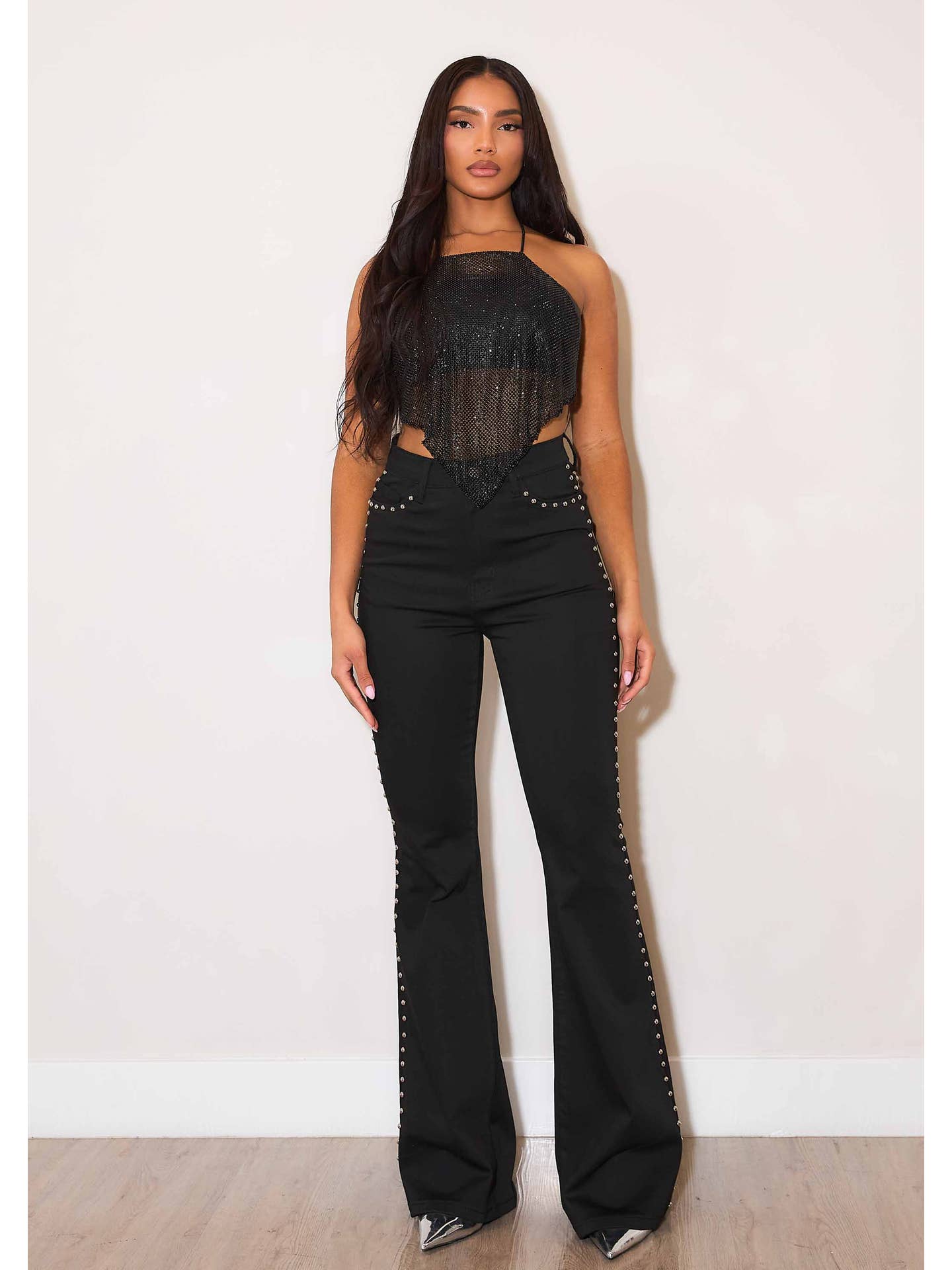 Black Flare Studded Denim