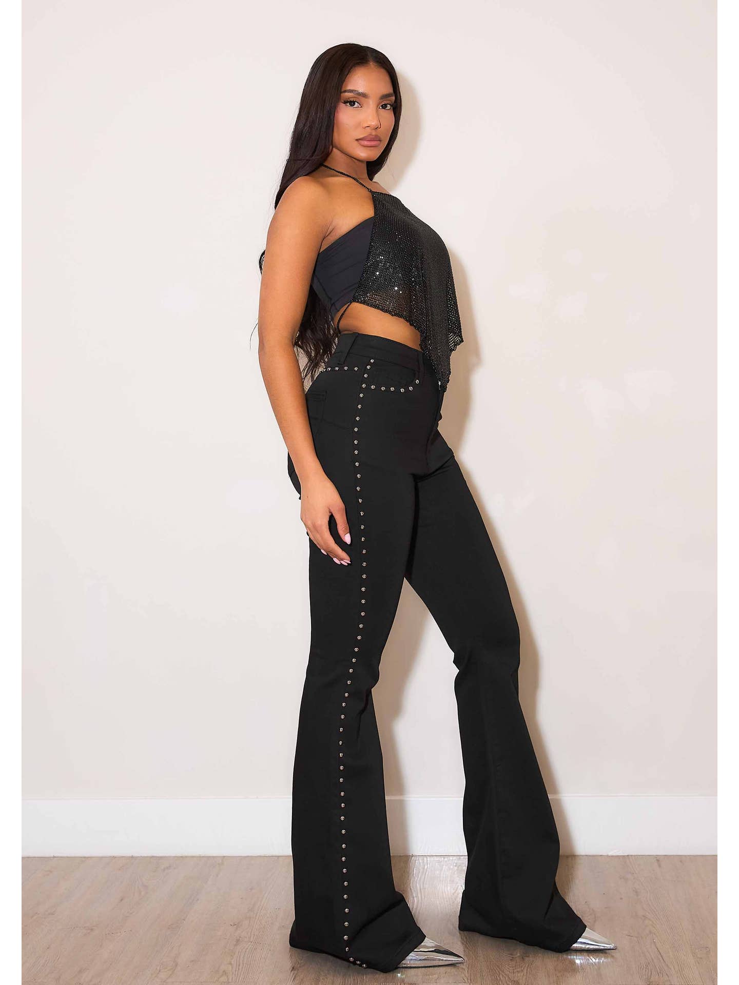 Black Flare Studded Denim