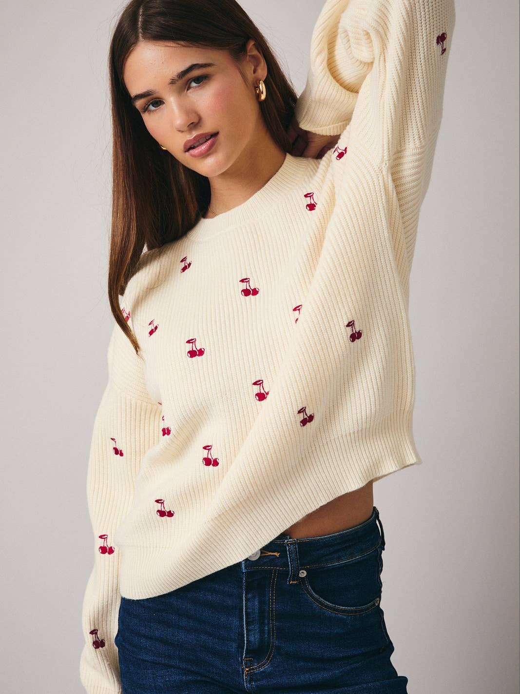 Cream Embroidered Cherries Sweater