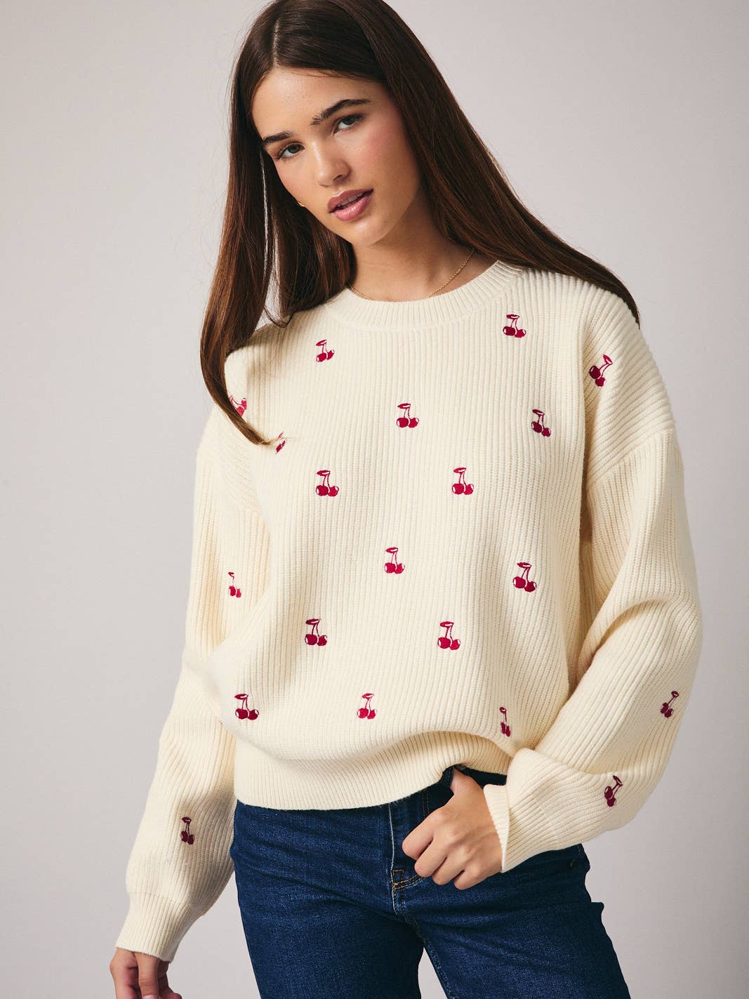 Cream Embroidered Cherries Sweater