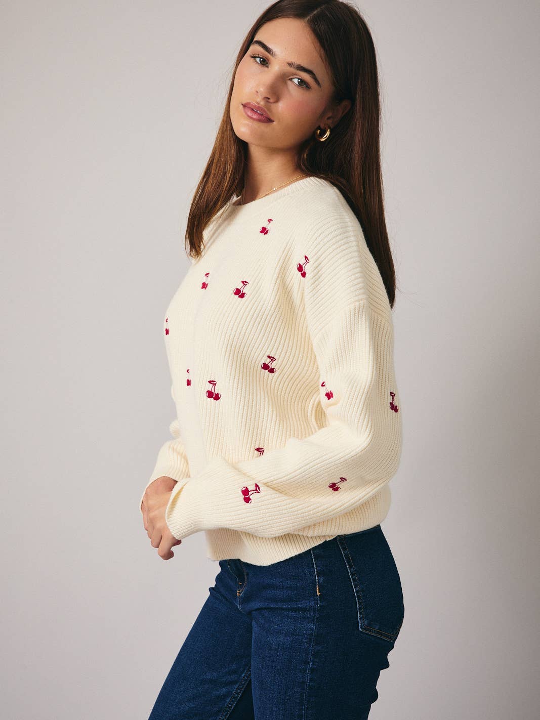 Cream Embroidered Cherries Sweater