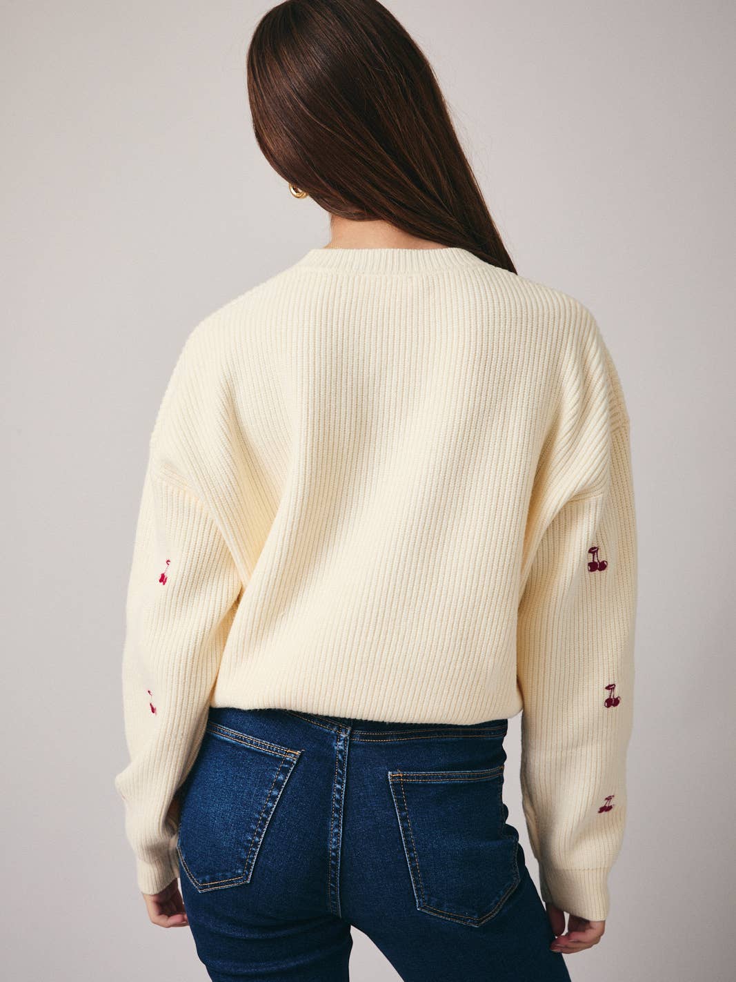 Cream Embroidered Cherries Sweater