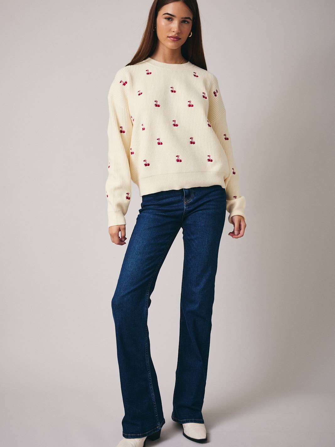 Cream Embroidered Cherries Sweater