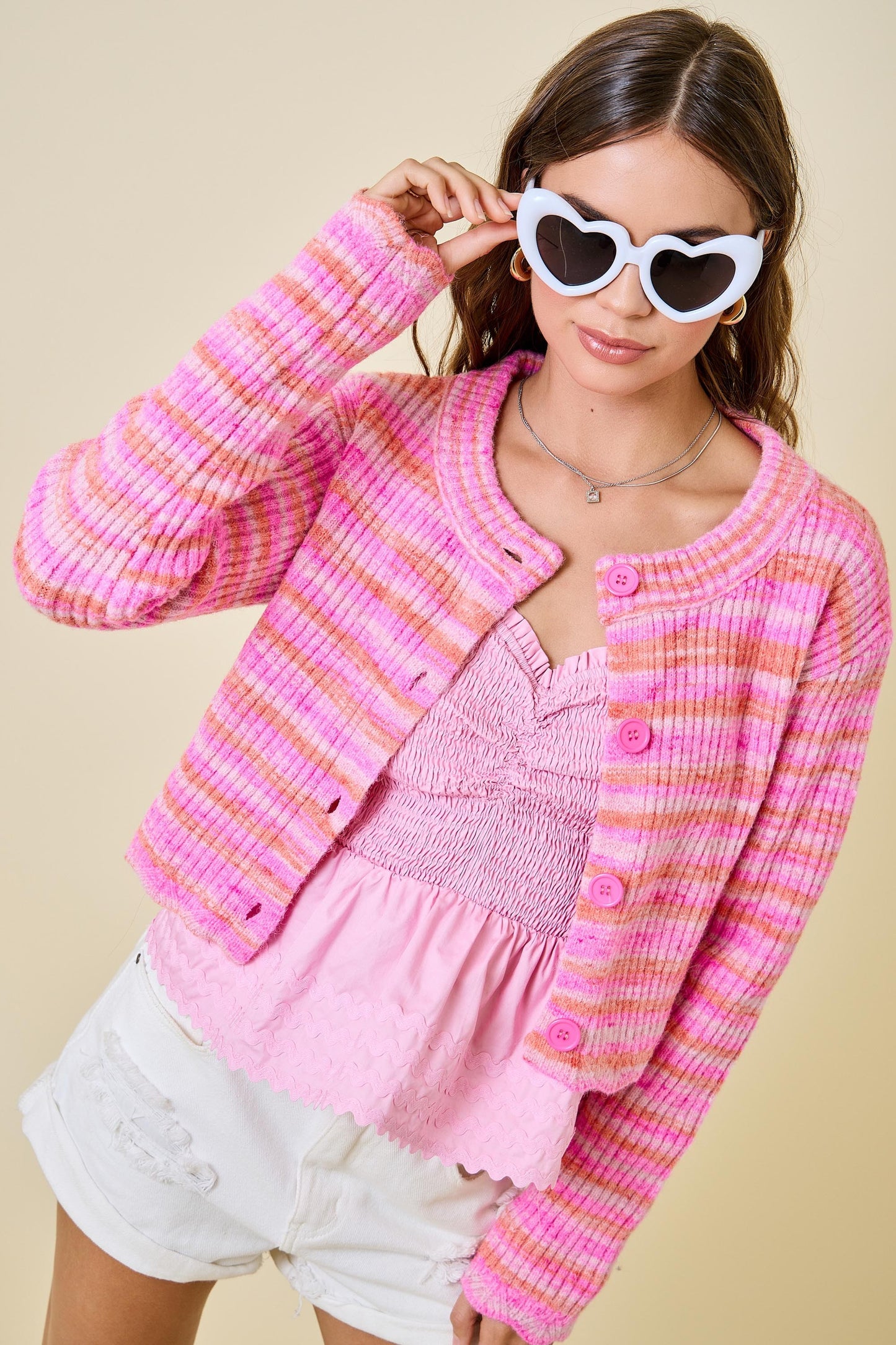 Pink Stripe Scallop Cardigan Sweater
