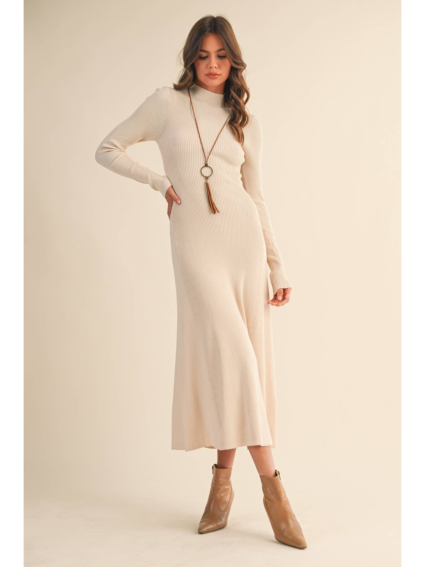 Mock Neck Long Sleeve Flare Dress
