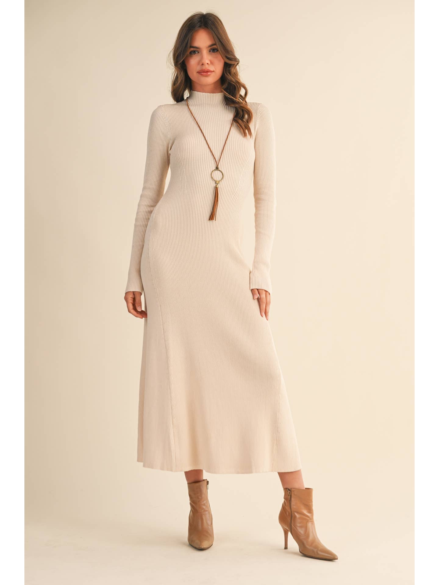 Mock Neck Long Sleeve Flare Dress