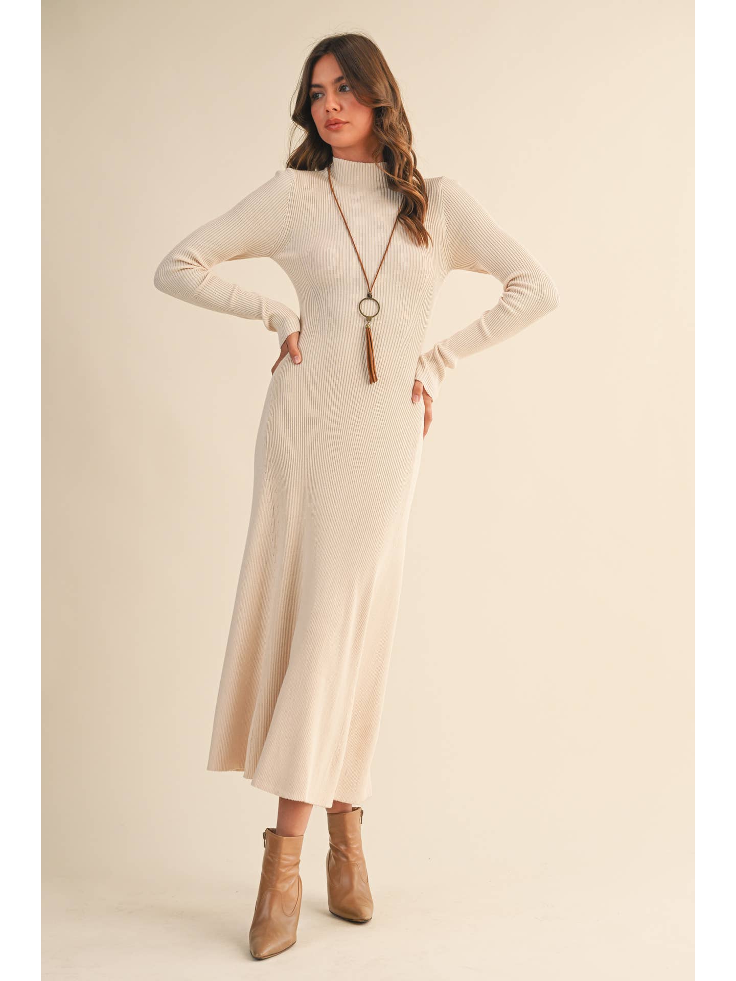 Mock Neck Long Sleeve Flare Dress