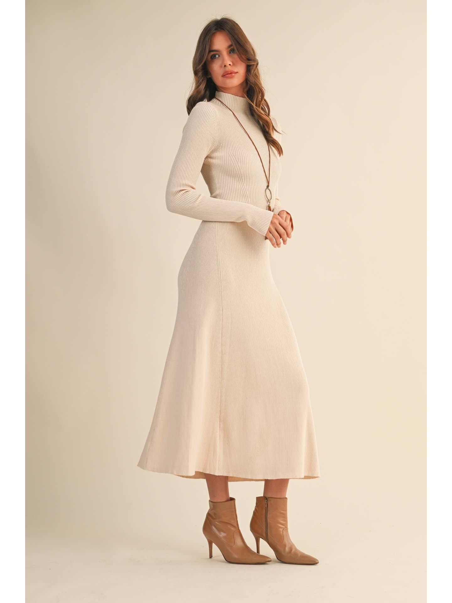 Mock Neck Long Sleeve Flare Dress