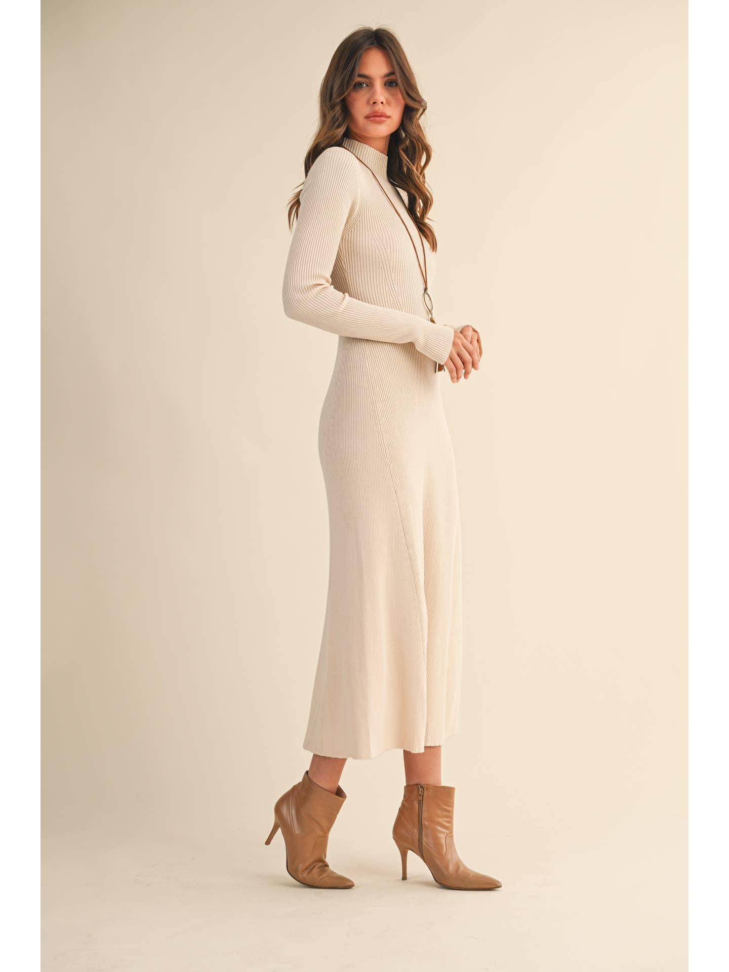 Mock Neck Long Sleeve Flare Dress