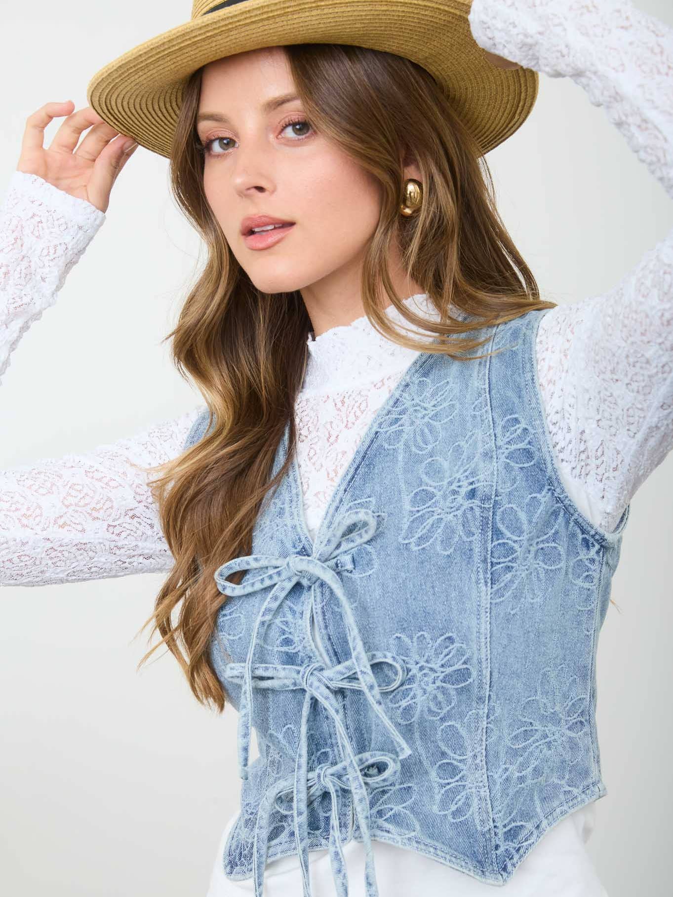Denim Flower Stitch Vest