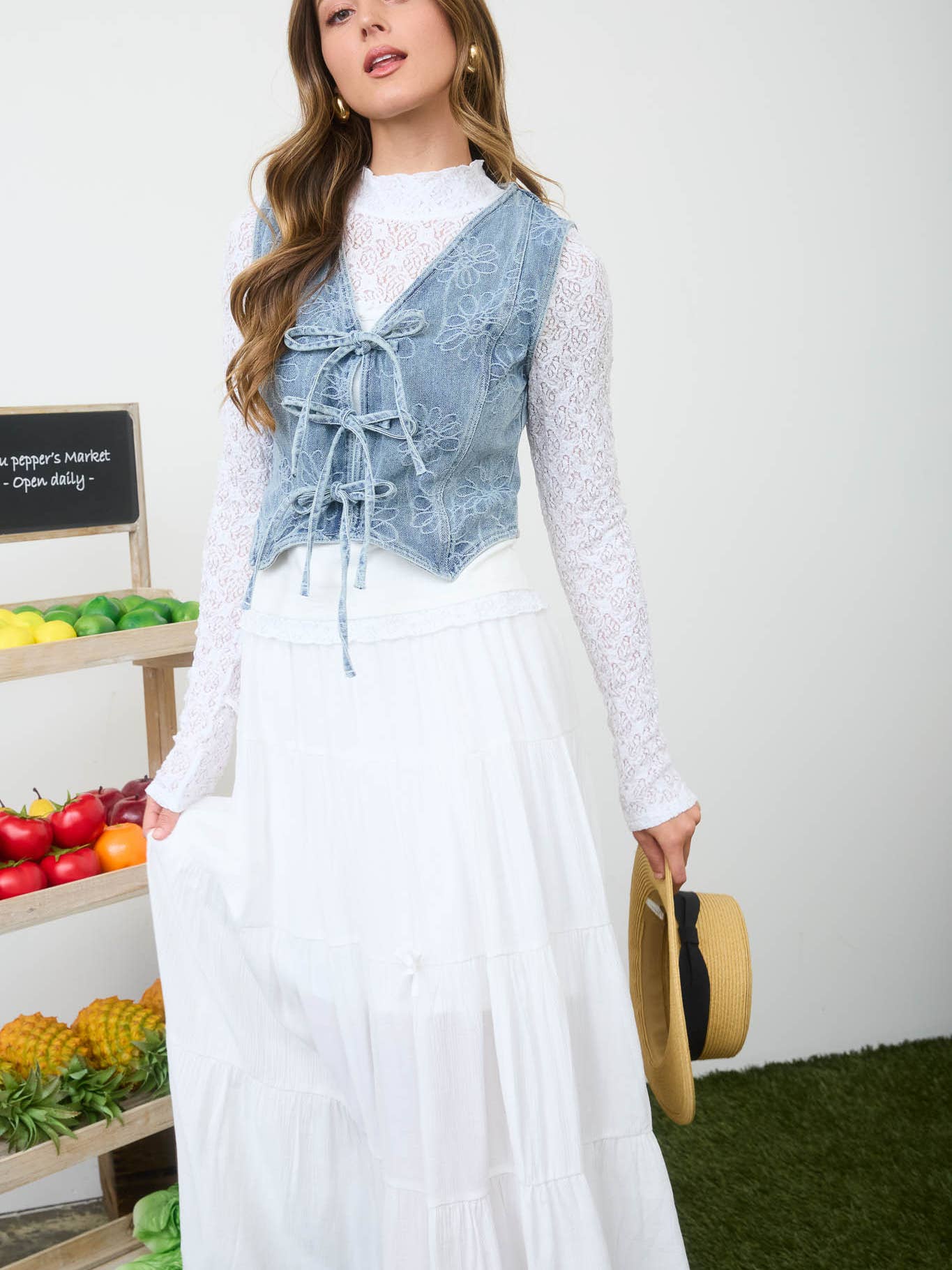 Denim Flower Stitch Vest