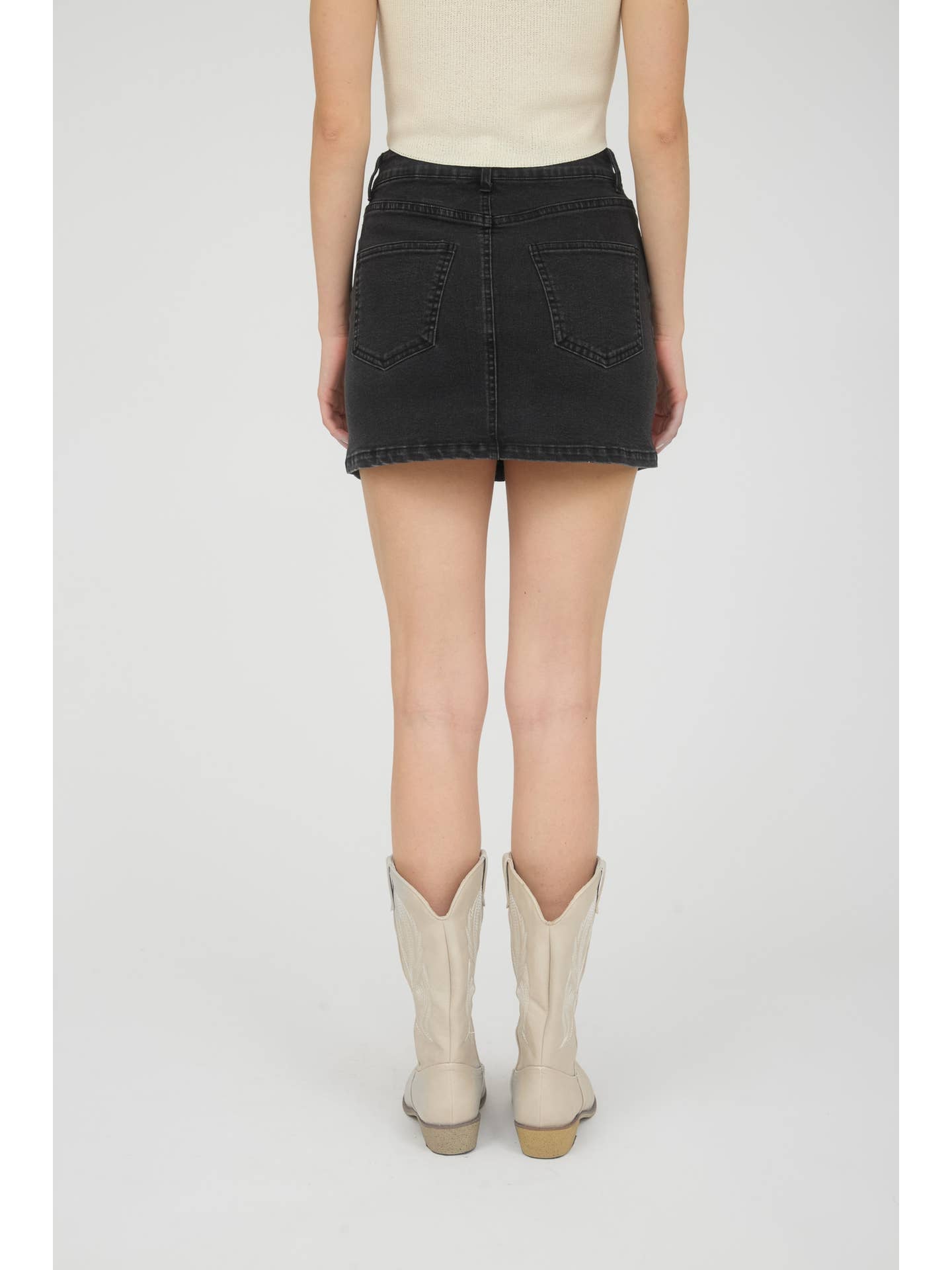 Washed Black Denim Stud Mini Skirt
