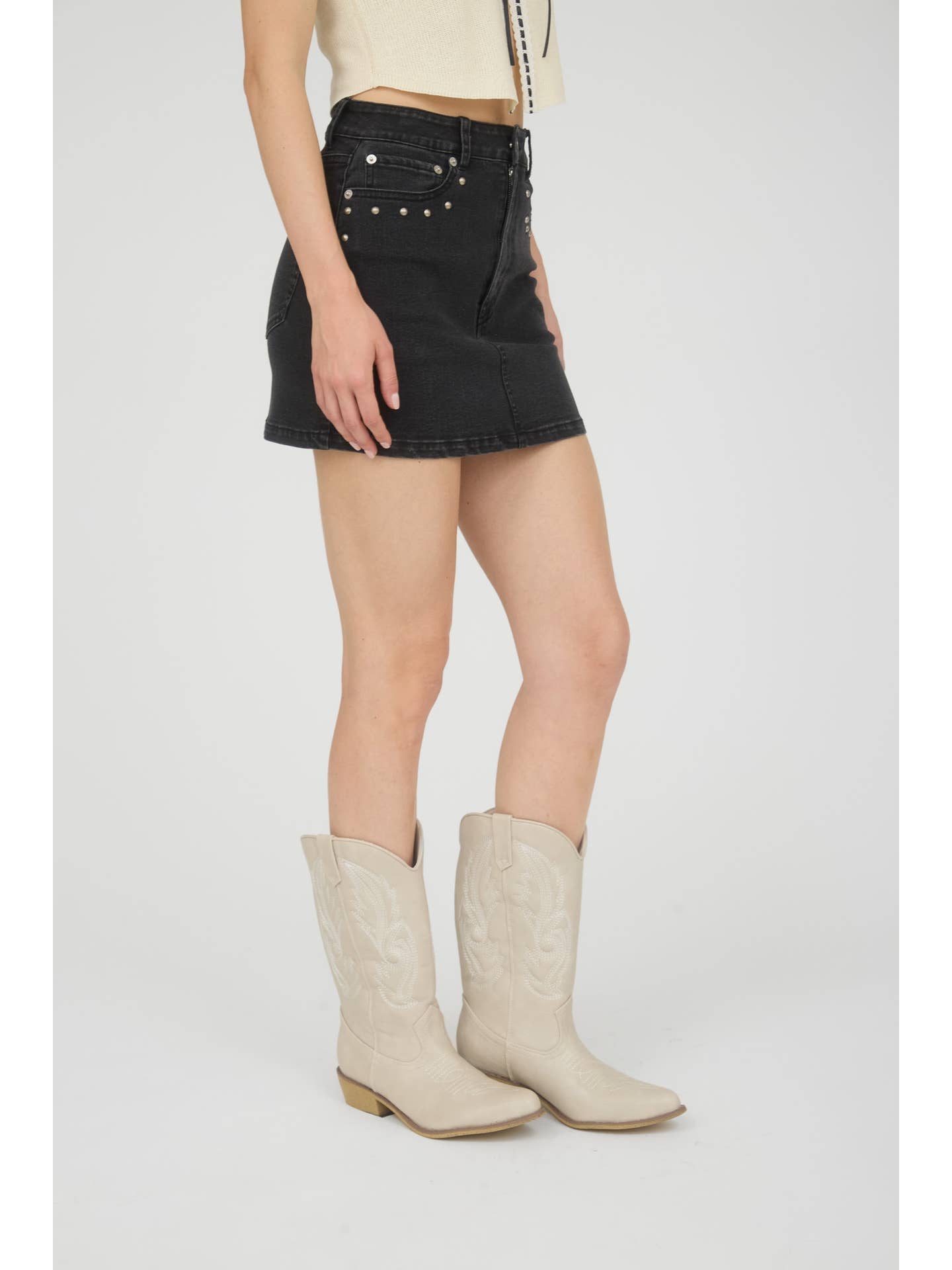 Washed Black Denim Stud Mini Skirt