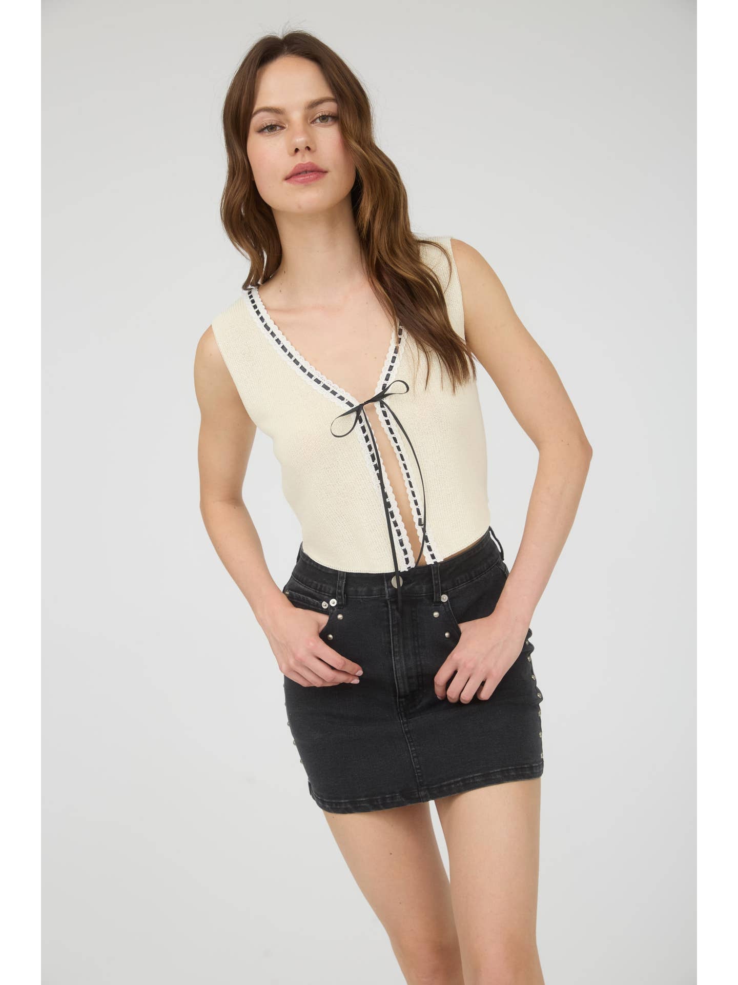 Washed Black Denim Stud Mini Skirt