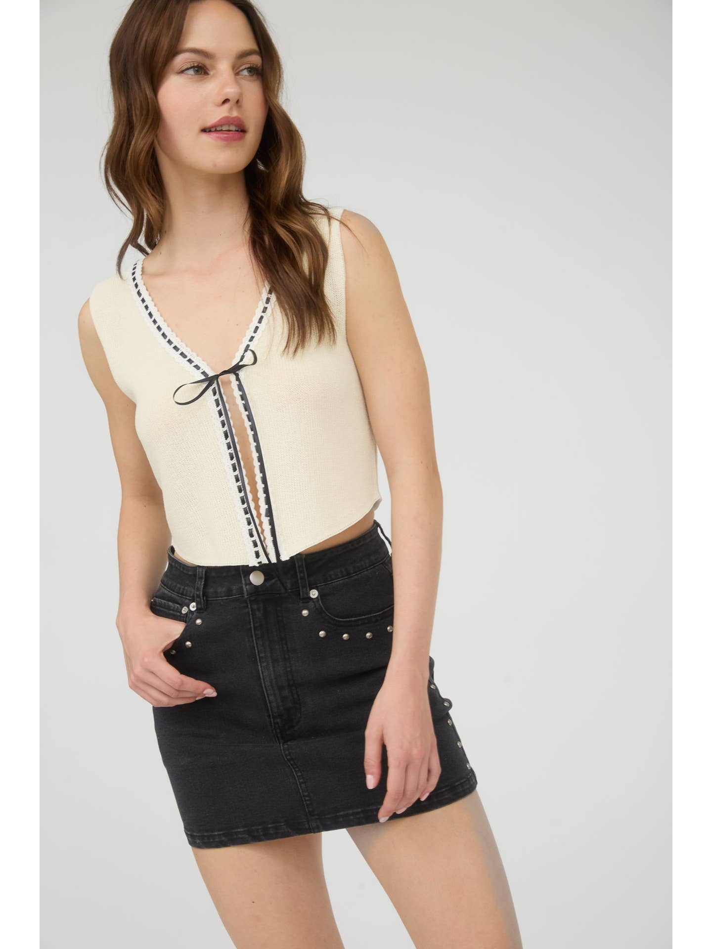 Washed Black Denim Stud Mini Skirt