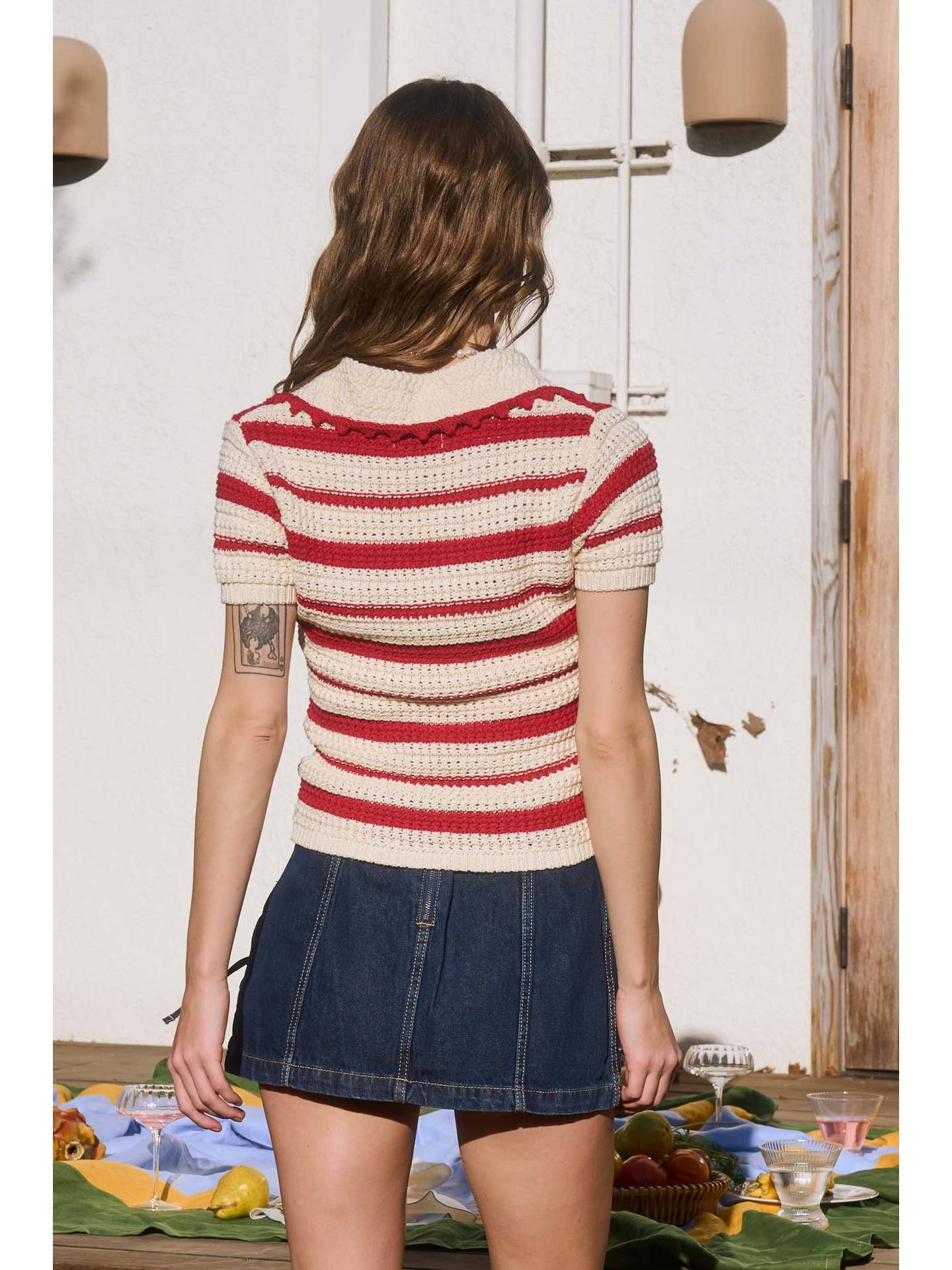 Scallop Collared Stripe Knit Top