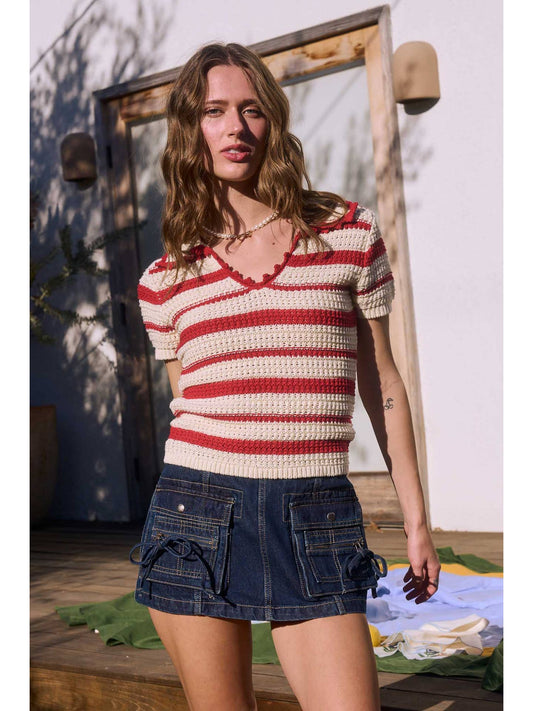 Scallop Collared Stripe Knit Top