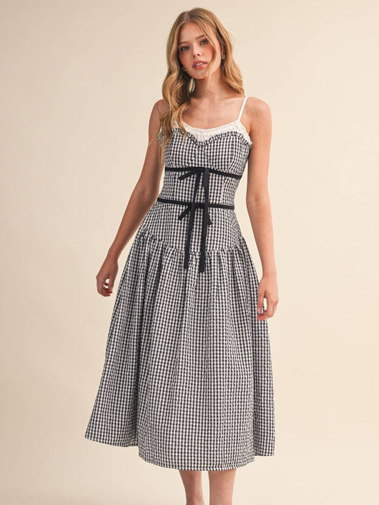 Gingham Contrast Drop Waist Midi Dress