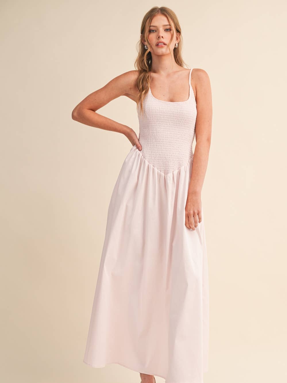 Light Pink Smocked Midi Dress