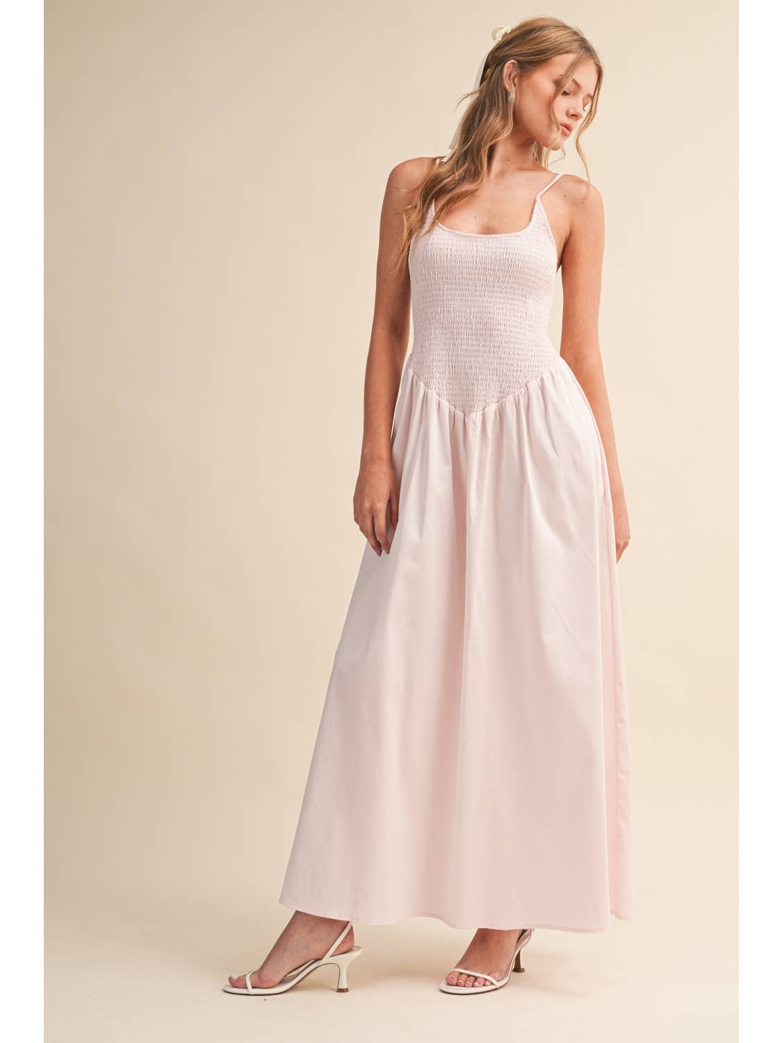 Light Pink Smocked Midi Dress