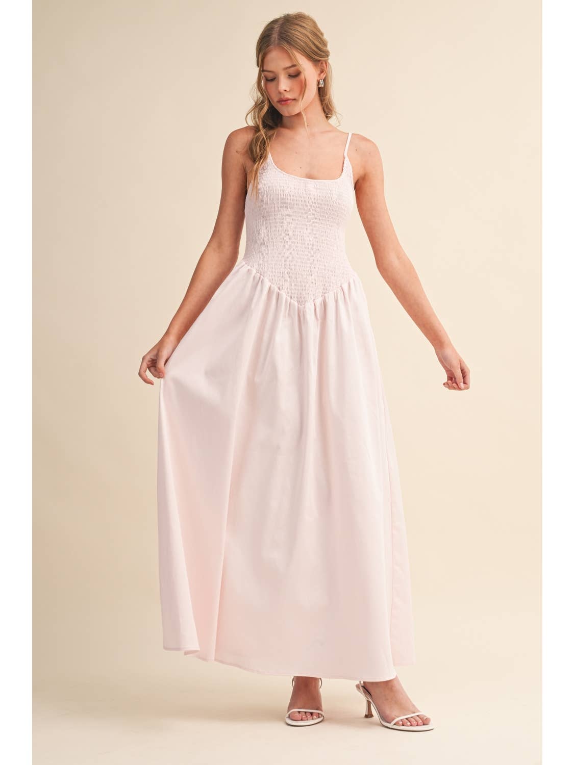 Light Pink Smocked Midi Dress