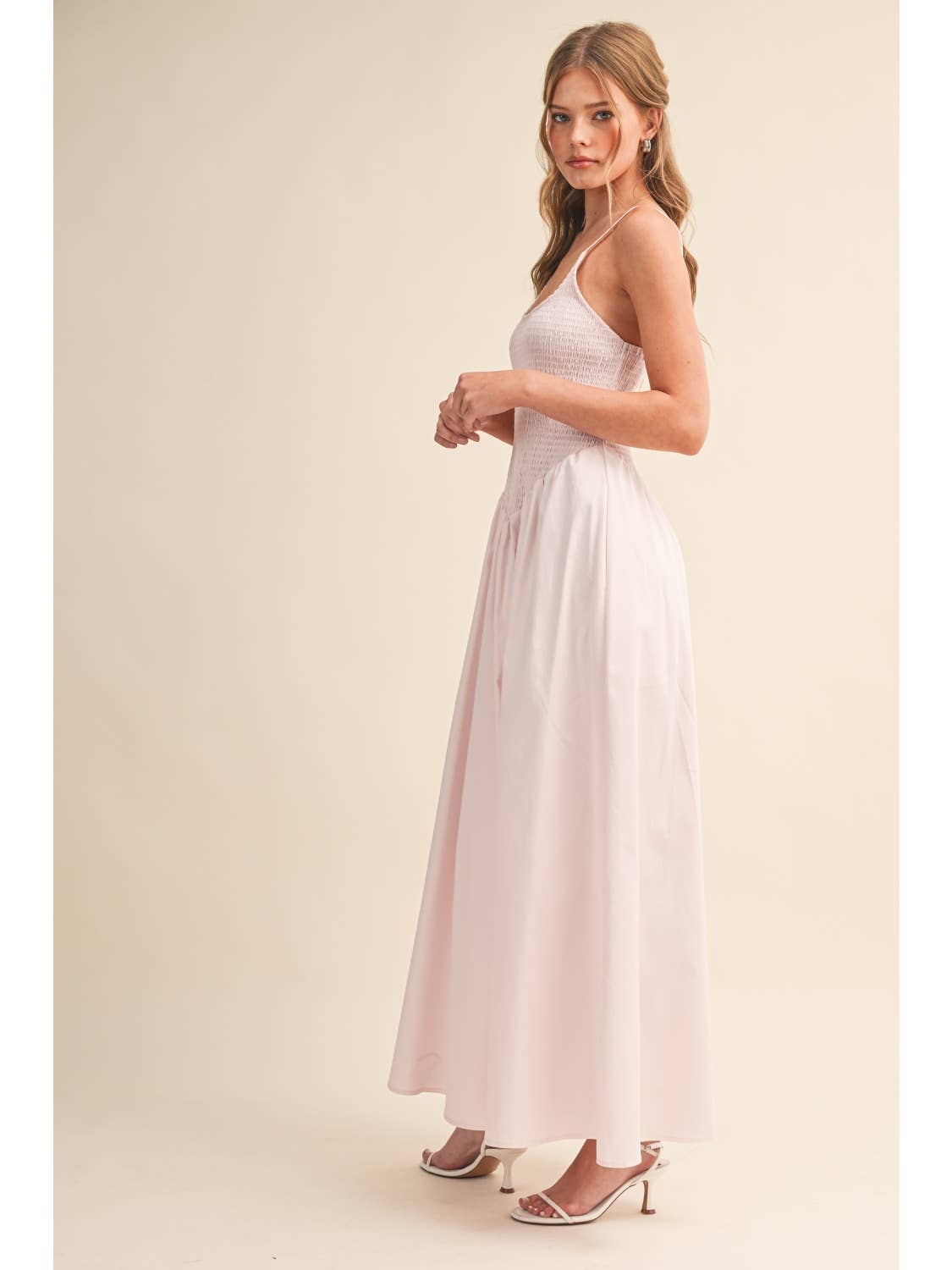 Light Pink Smocked Midi Dress