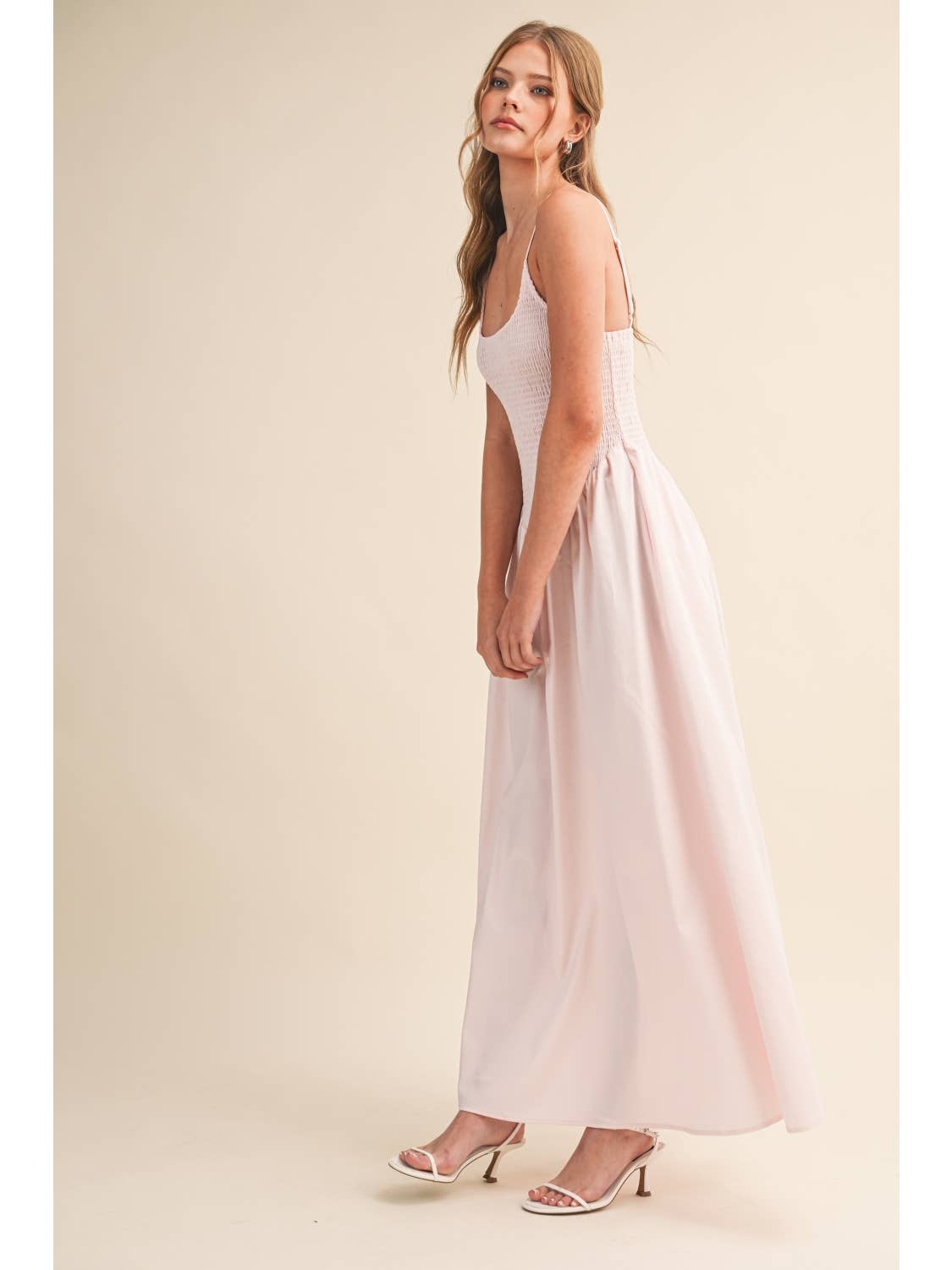 Light Pink Smocked Midi Dress