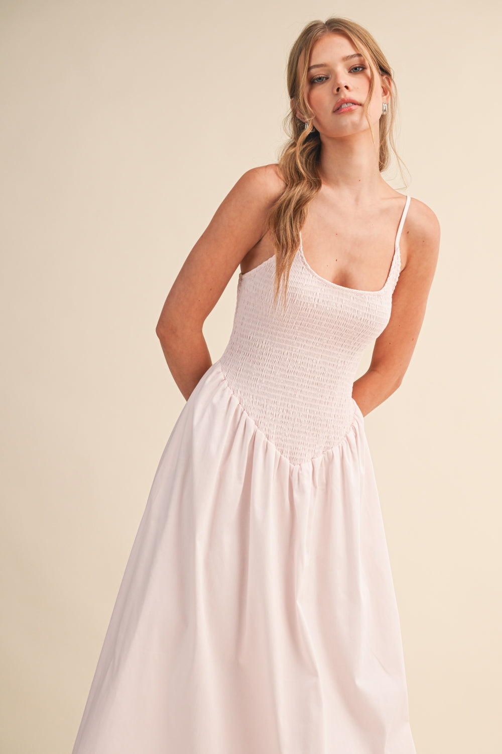 Light Pink Smocked Midi Dress