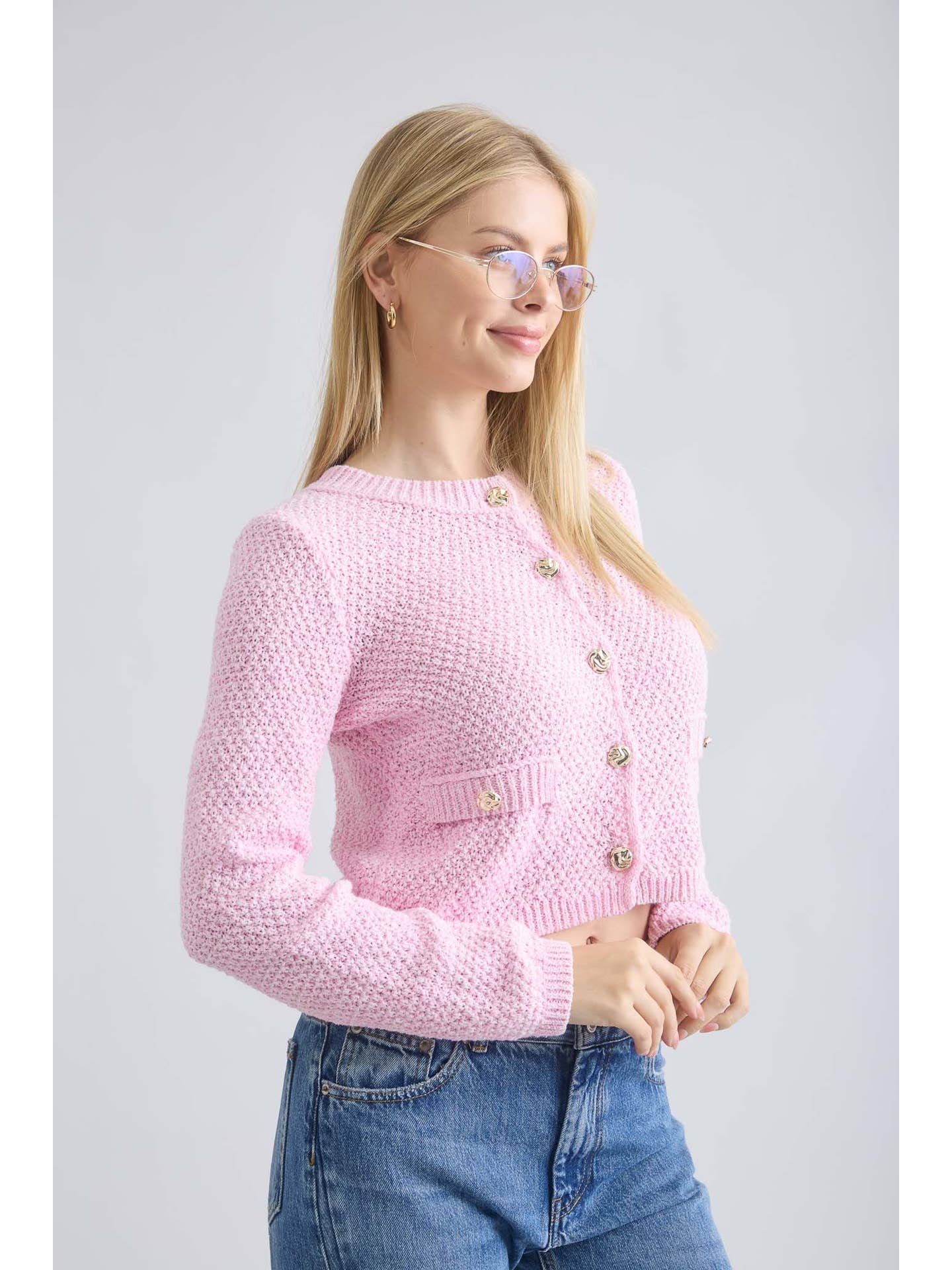 Pink Cardigan with Gold Buttons