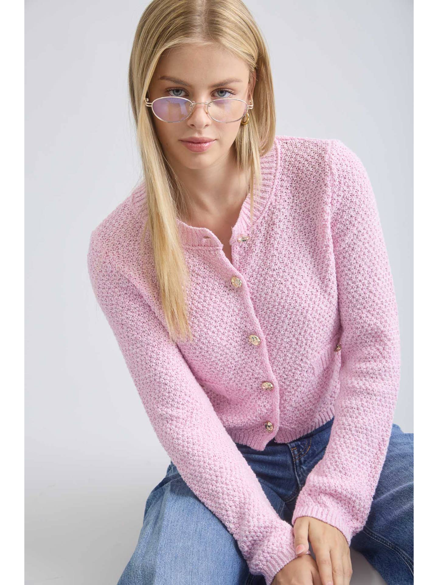 Pink Cardigan with Gold Buttons