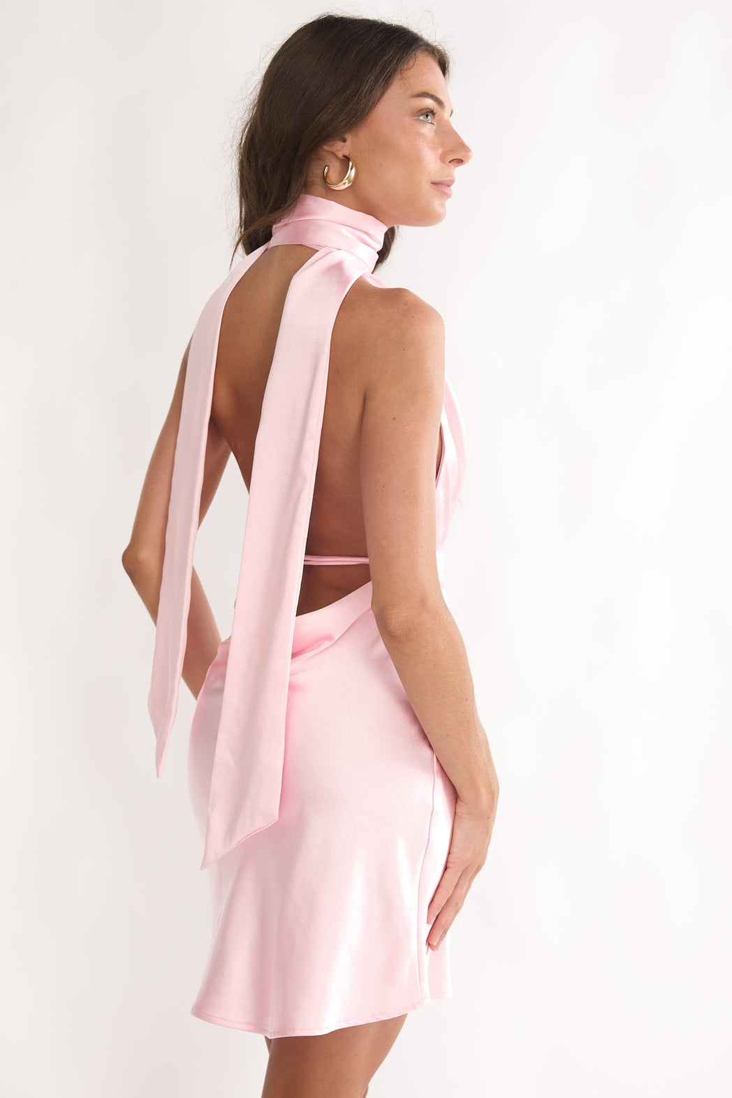 Light Pink Neck Tie Satin Mini Dress
