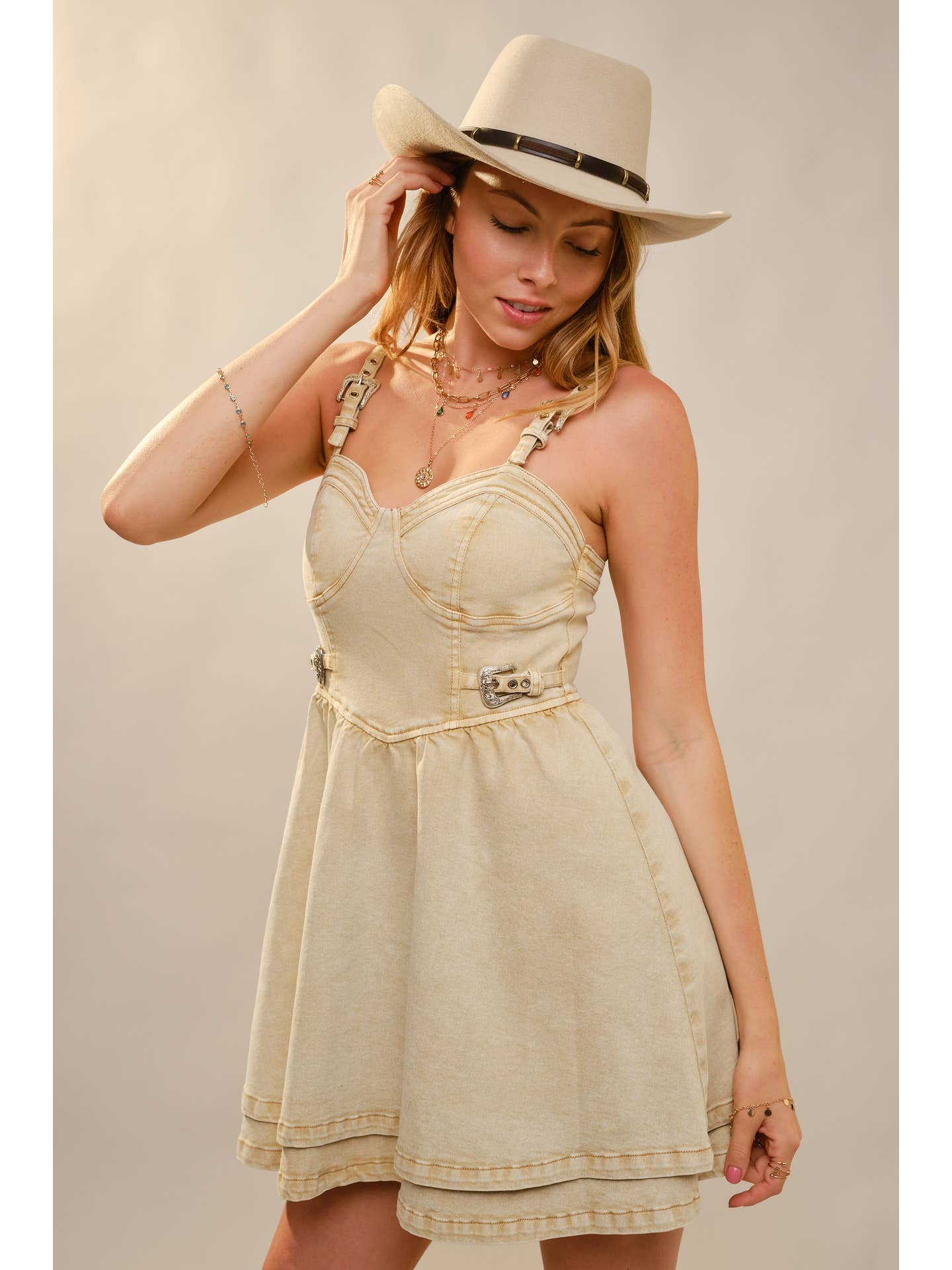Sand Denim Buckle Western Dress