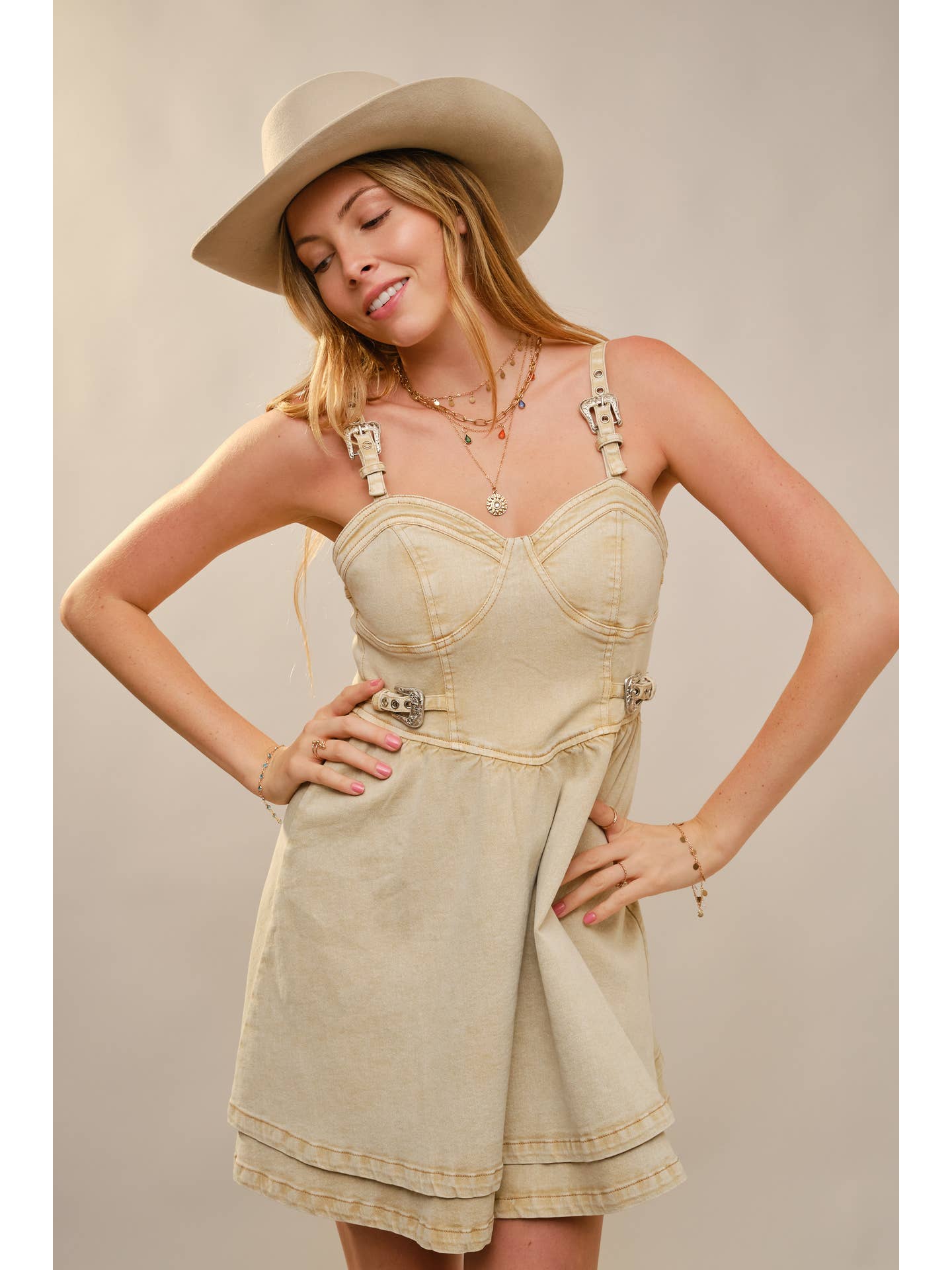 Sand Denim Buckle Western Dress