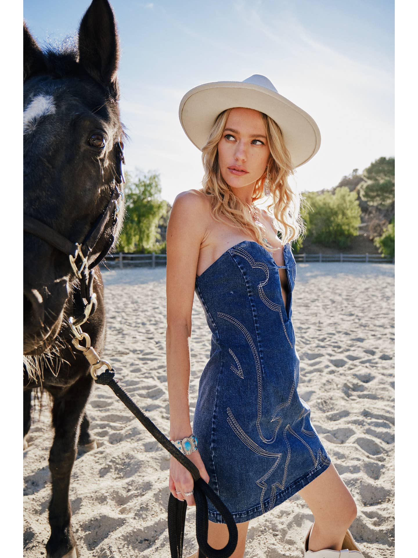 Cutout Stitch Western Denim Tube Dress
