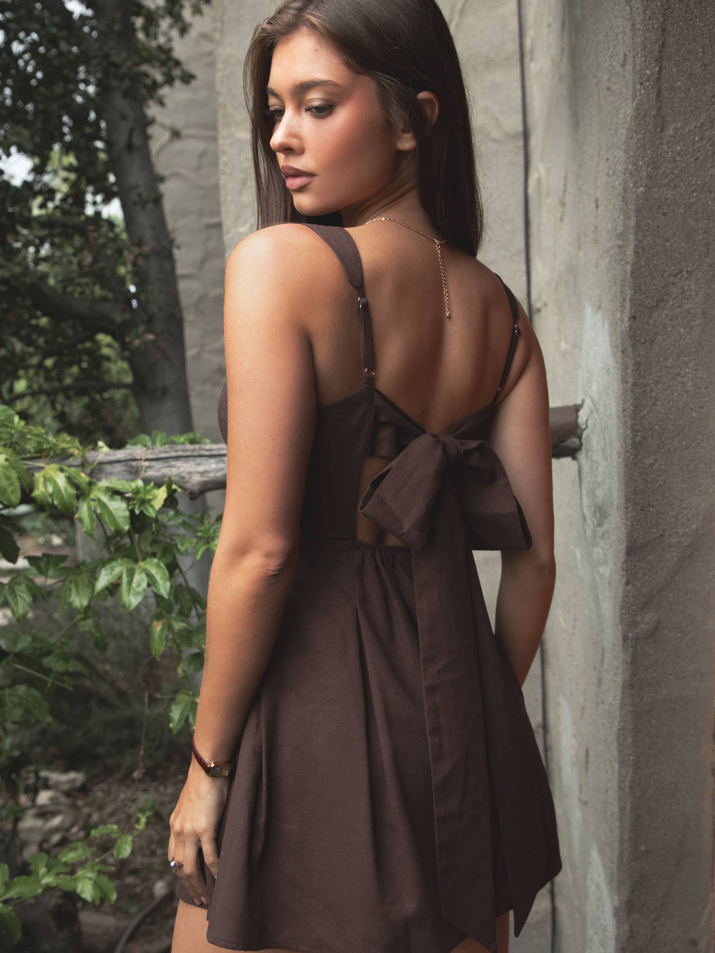 Brown Linen Fit & Flare Mini Dress
