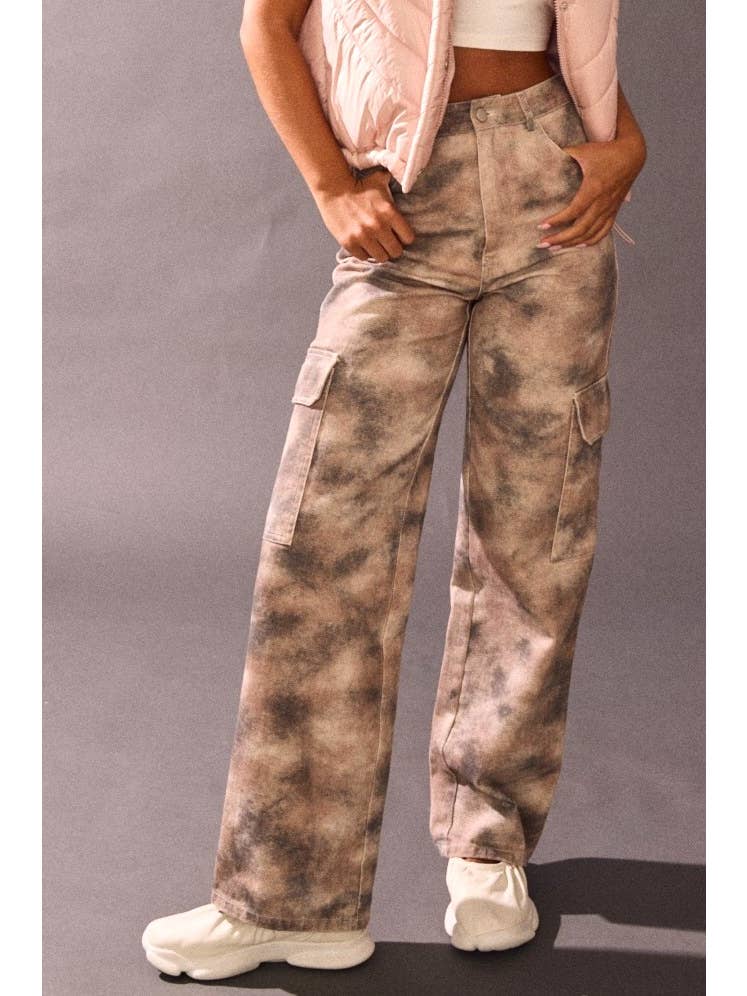 Smokey Print Wide Leg Cargo Denim
