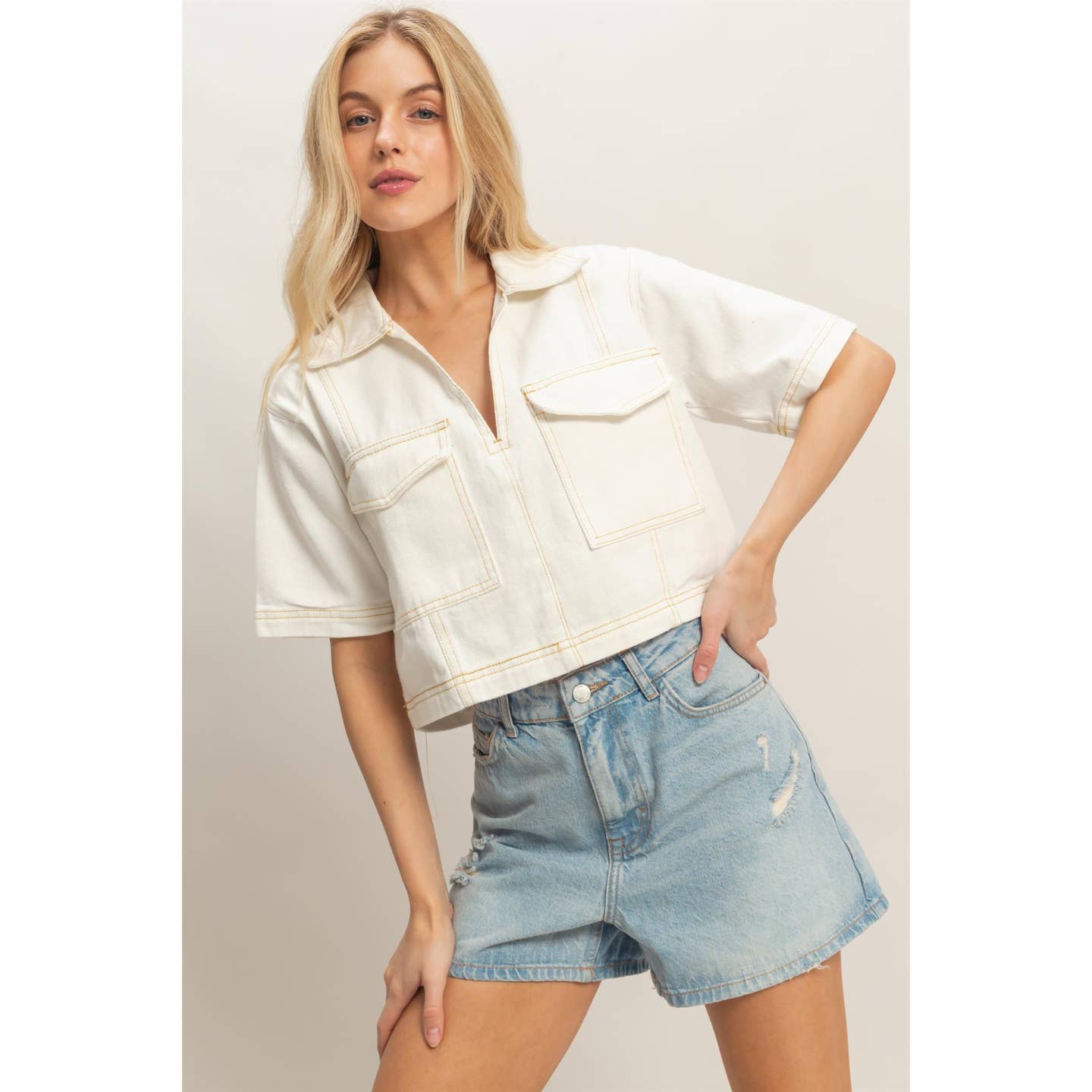 Short Sleeve Denim Stitch Top